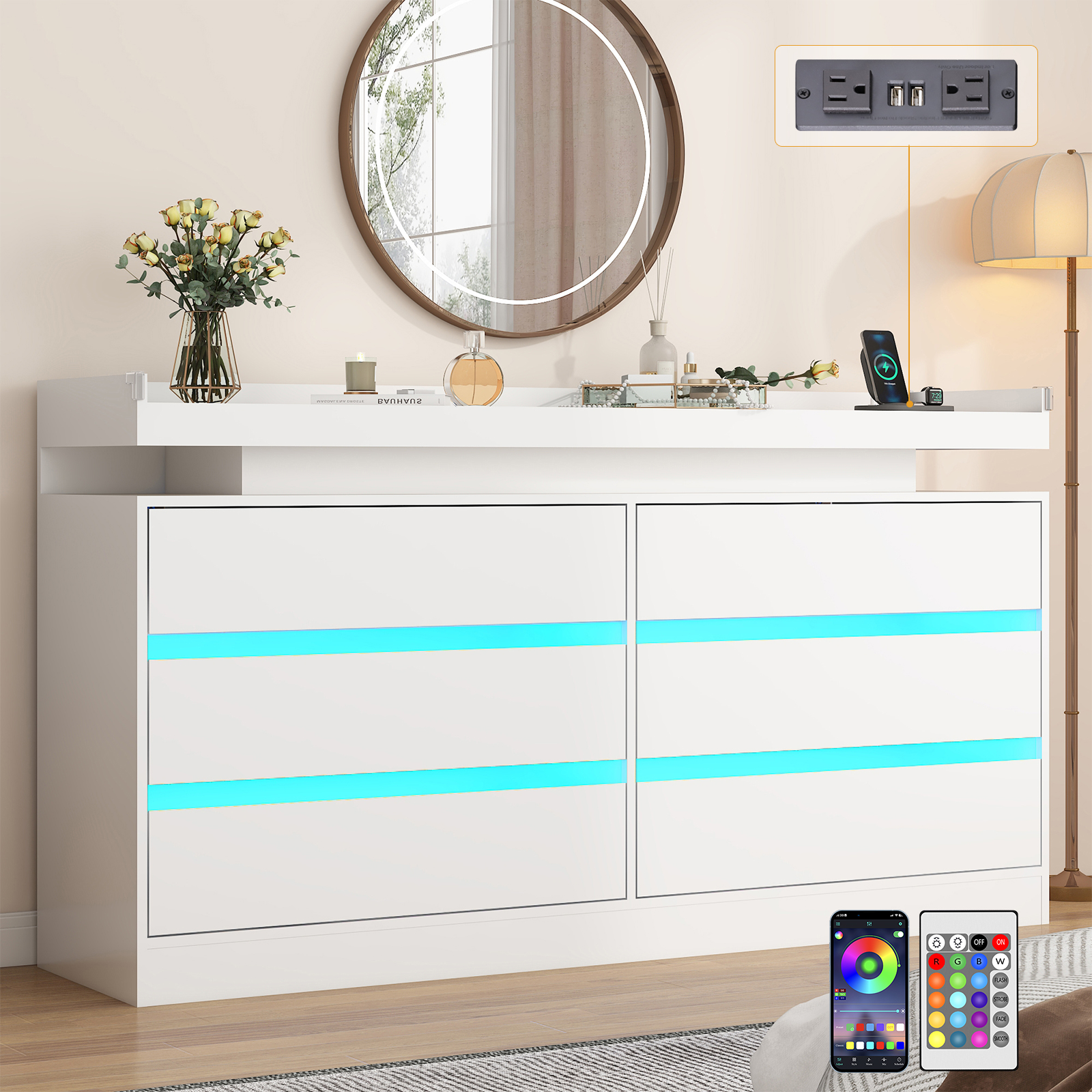 9 Drawer Dresser with LED Light & Charging Station, 63" Long Modern Dresser with 9 Drawers for Bedroom, Wooden Dresser Large Closet of Drawers