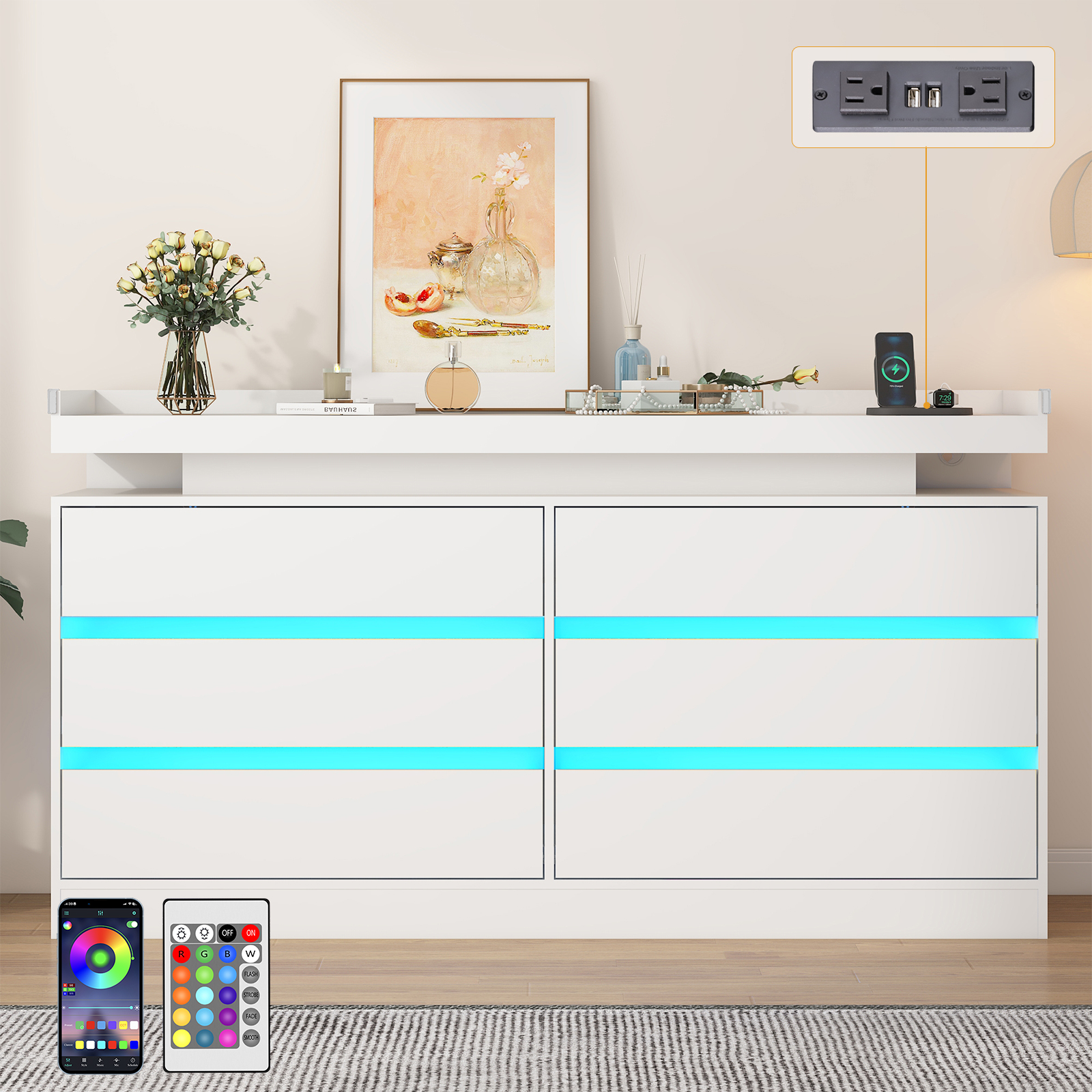 9 Drawer Dresser with LED Light & Charging Station, 63" Long Modern Dresser with 9 Drawers for Bedroom, Wooden Dresser Large Closet of Drawers