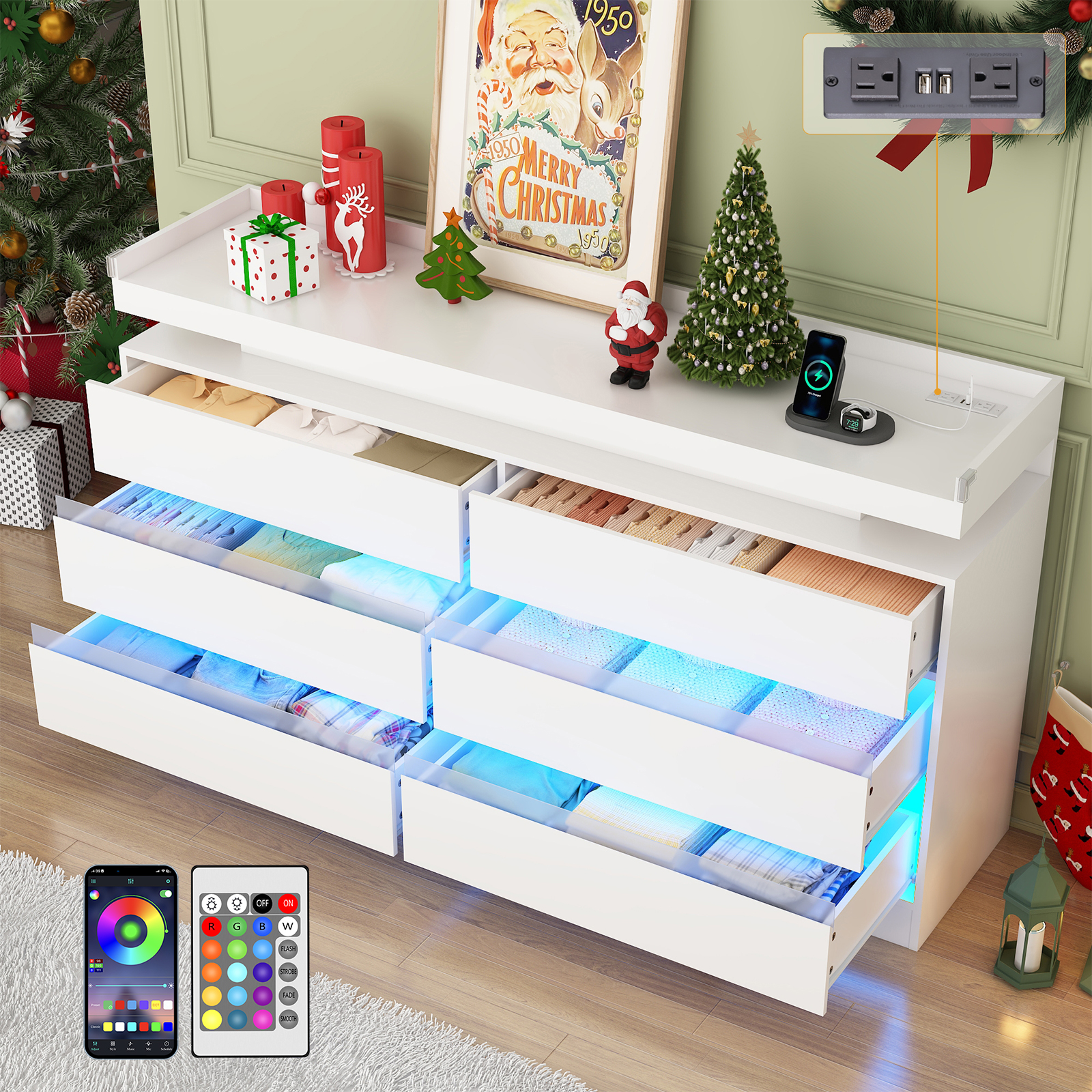 9 Drawer Dresser with LED Light & Charging Station, 63" Long Modern Dresser with 9 Drawers for Bedroom, Wooden Dresser Large Closet of Drawers