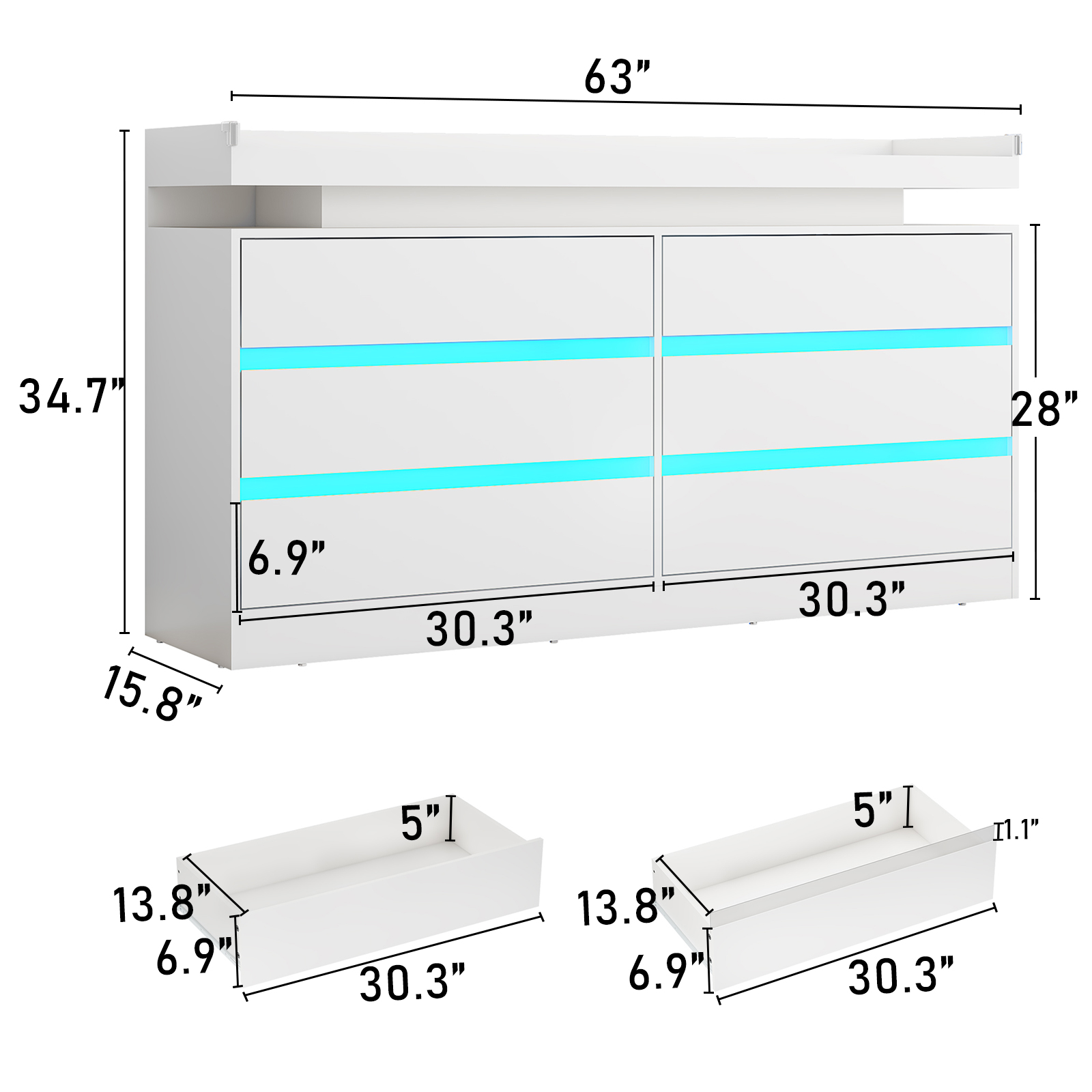 9 Drawer Dresser with LED Light & Charging Station, 63" Long Modern Dresser with 9 Drawers for Bedroom, Wooden Dresser Large Closet of Drawers