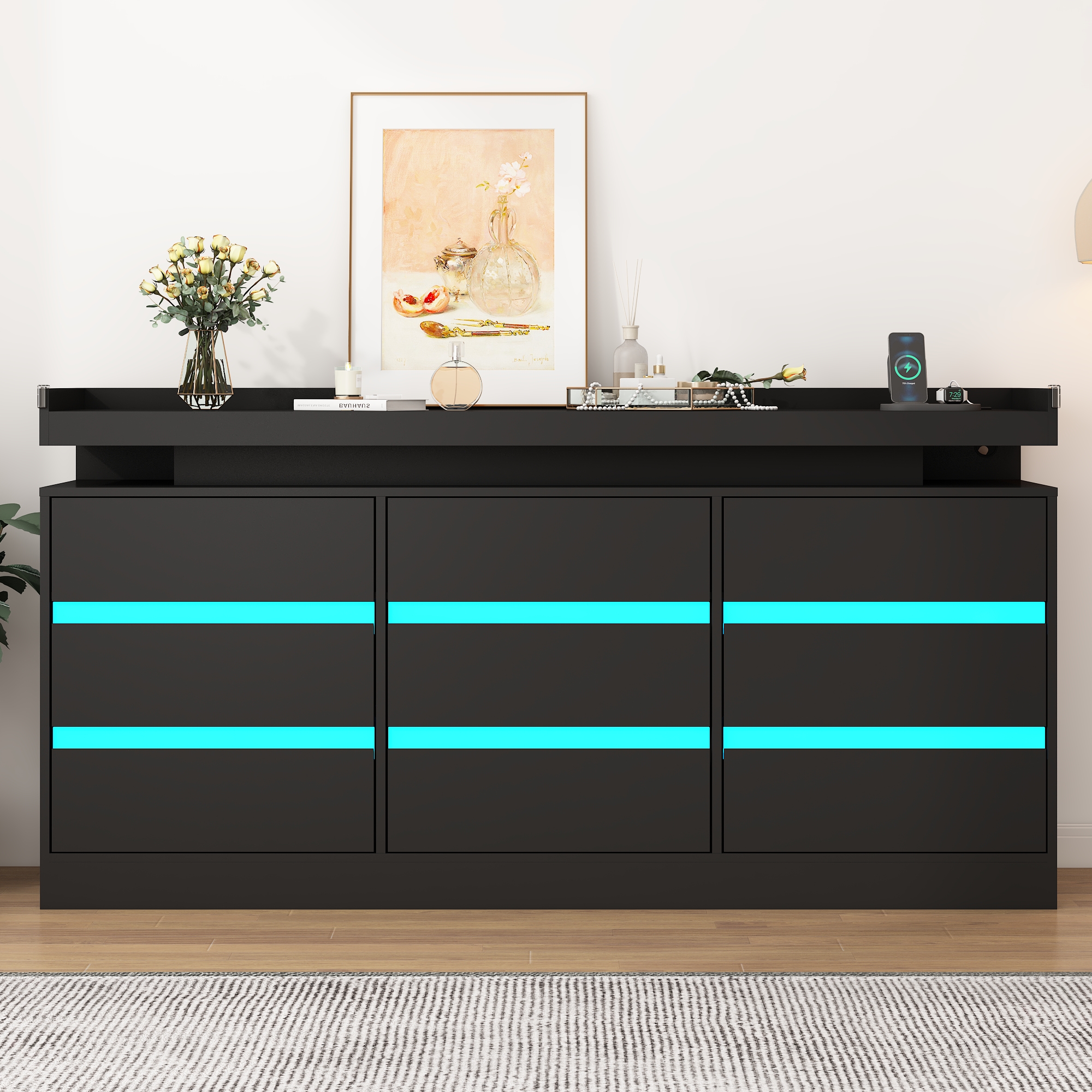 9 Drawer Dresser with LED Light & Charging Station, 63" Long Modern Dresser with 9 Drawers for Bedroom, Wooden Dresser Large Closet of Drawers