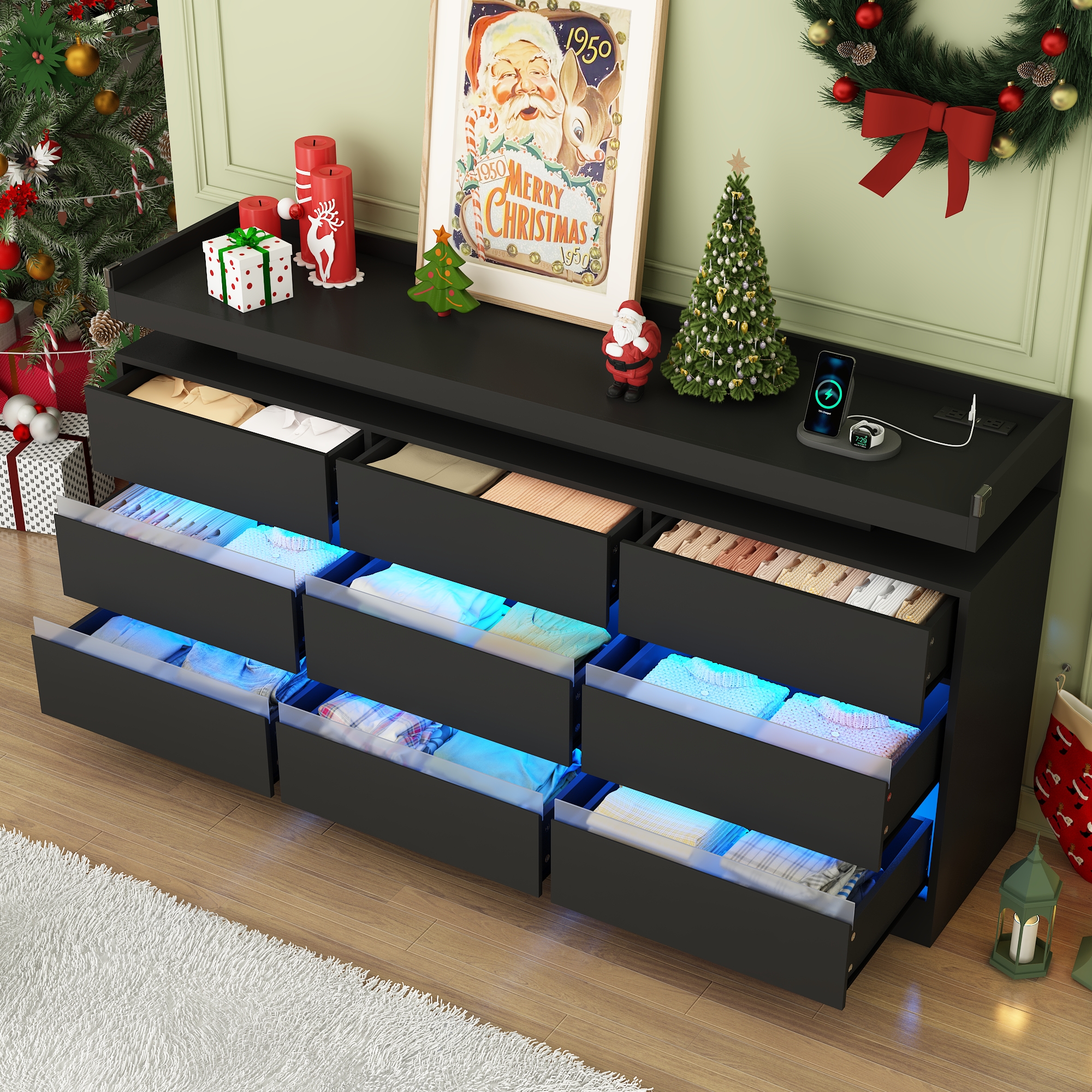 9 Drawer Dresser with LED Light & Charging Station, 63" Long Modern Dresser with 9 Drawers for Bedroom, Wooden Dresser Large Closet of Drawers