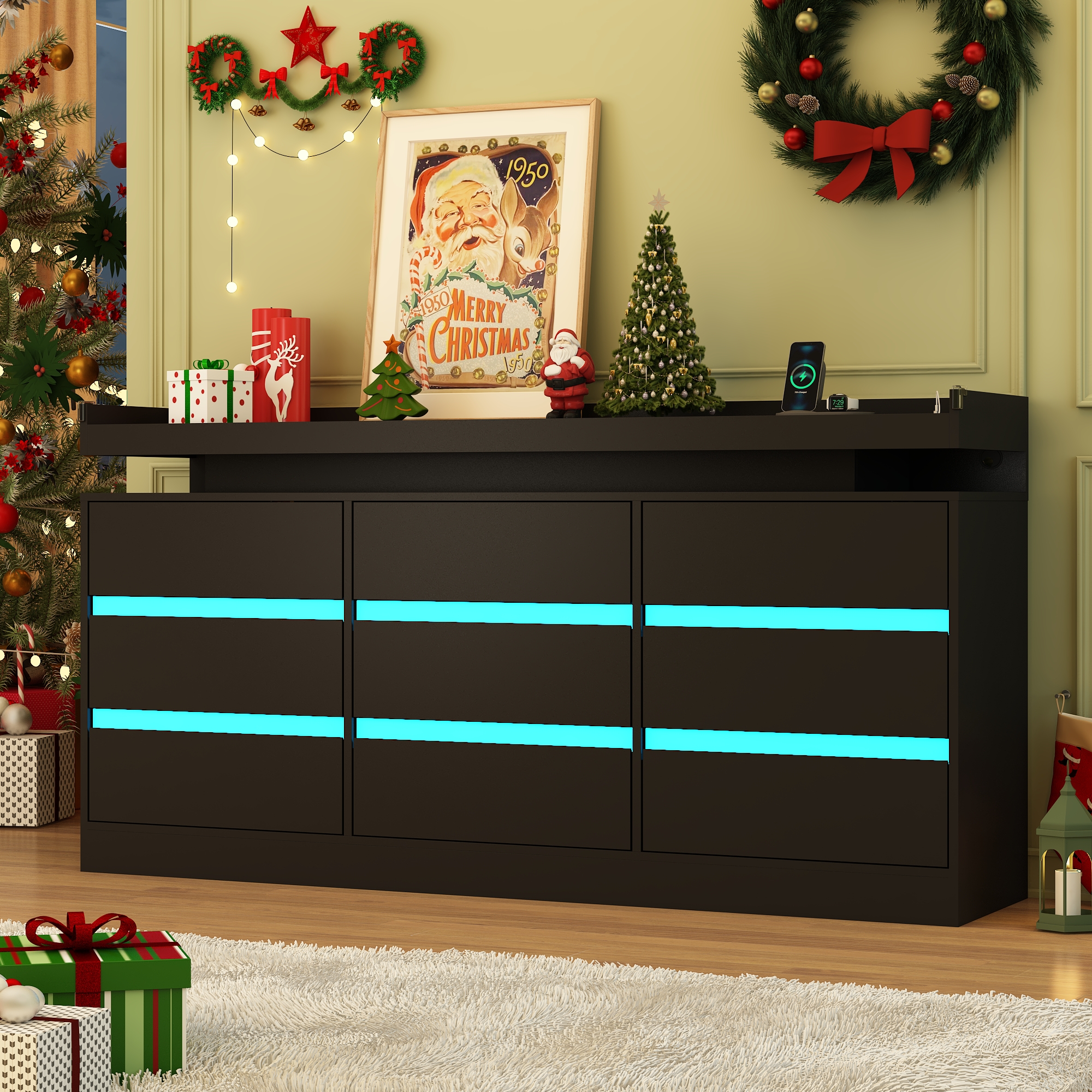 9 Drawer Dresser with LED Light & Charging Station, 63" Long Modern Dresser with 9 Drawers for Bedroom, Wooden Dresser Large Closet of Drawers