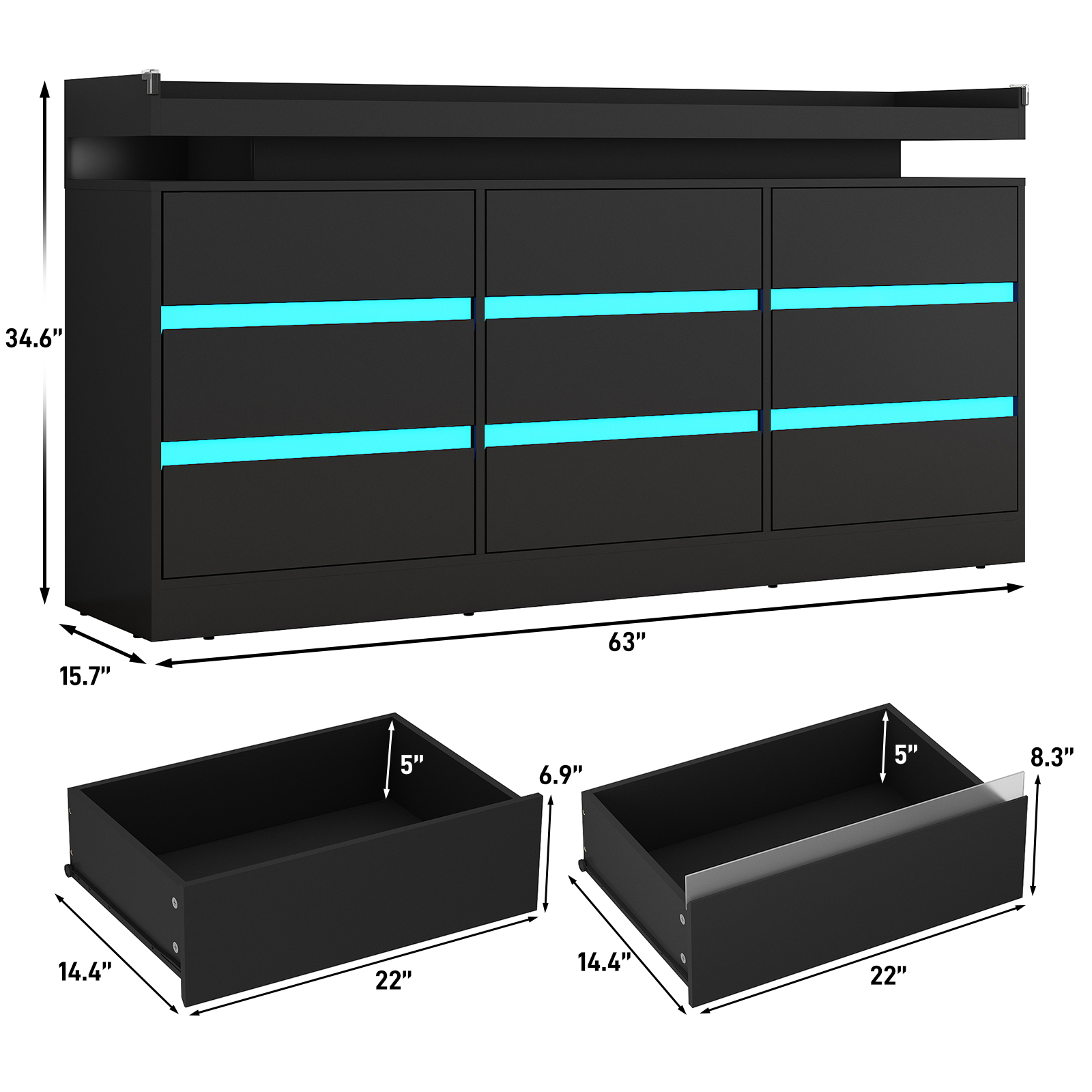 9 Drawer Dresser with LED Light & Charging Station, 63" Long Modern Dresser with 9 Drawers for Bedroom, Wooden Dresser Large Closet of Drawers
