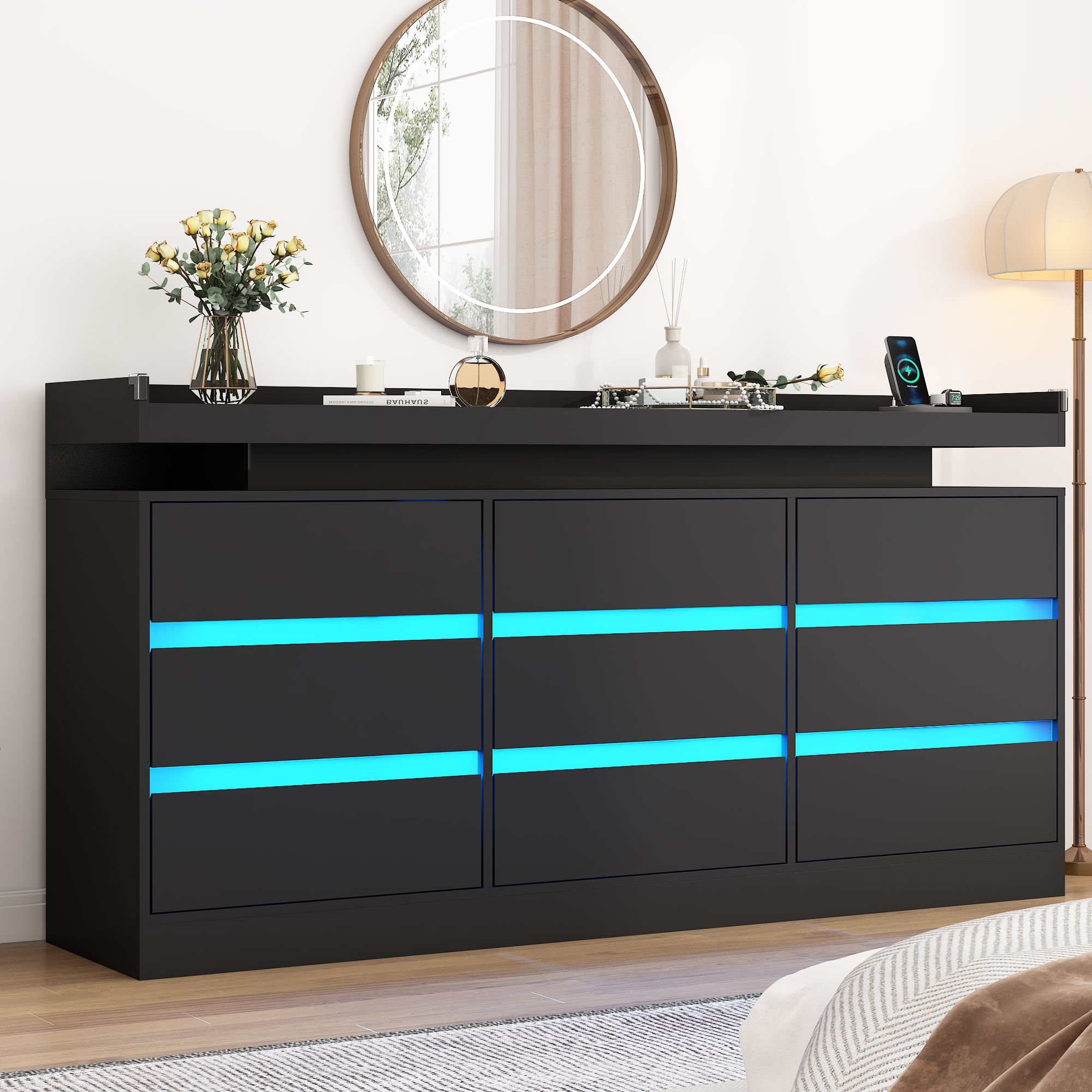9 Drawer Dresser with LED Light & Charging Station, 63" Long Modern Dresser with 9 Drawers for Bedroom, Wooden Dresser Large Closet of Drawers