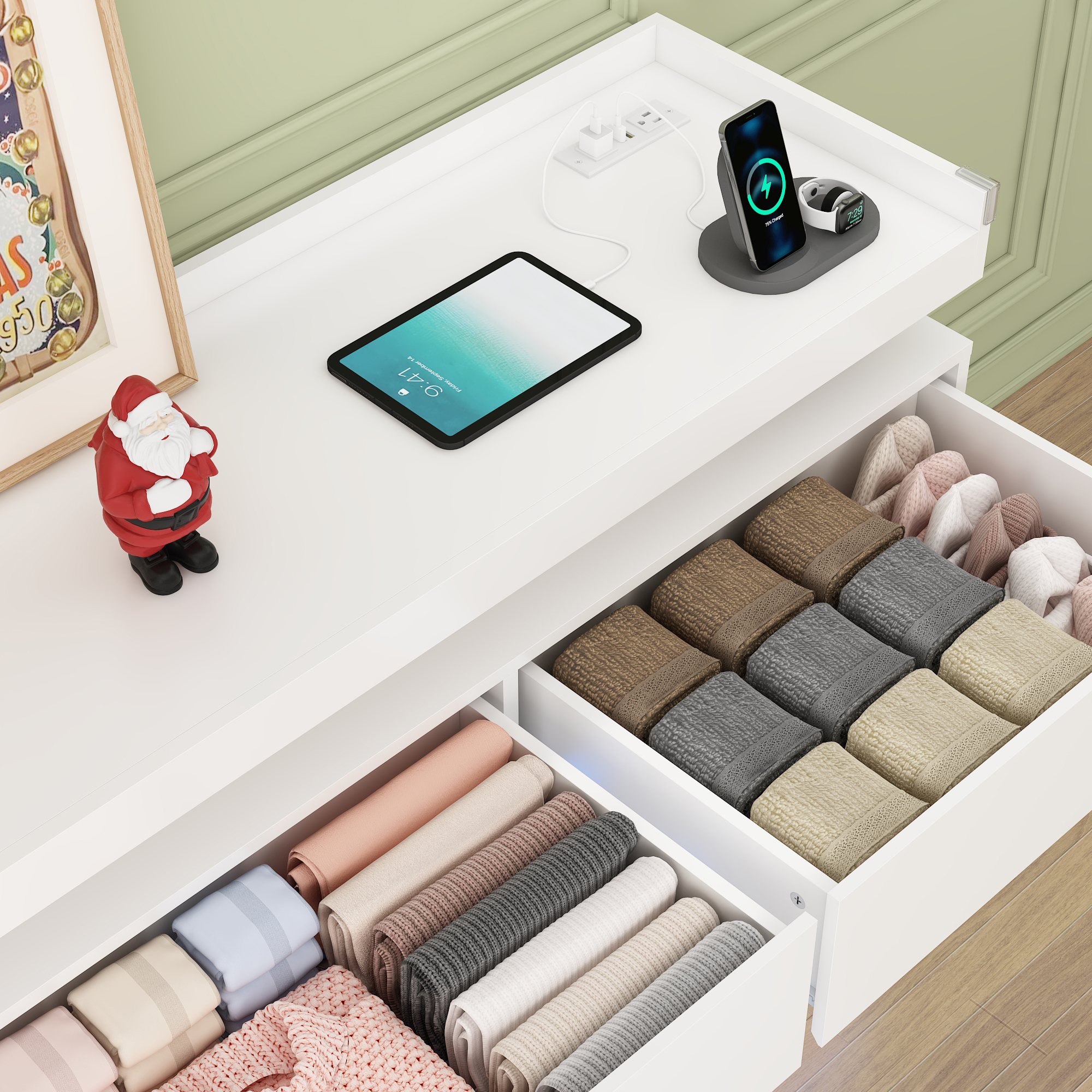 9 Drawer Dresser with LED Light & Charging Station, 63" Long Modern Dresser with 9 Drawers for Bedroom, Wooden Dresser Large Closet of Drawers