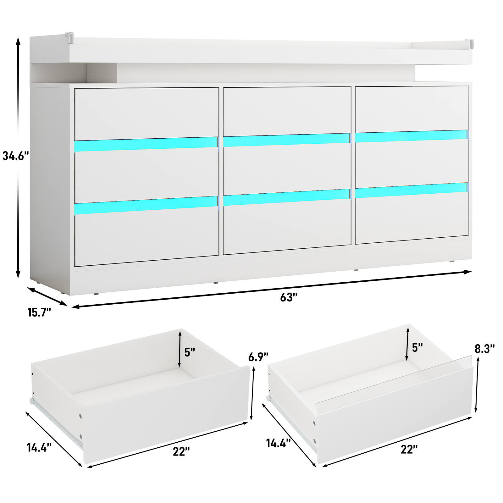 9 Drawer Dresser with LED Light & Charging Station, 63" Long Modern Dresser with 9 Drawers for Bedroom, Wooden Dresser Large Closet of Drawers