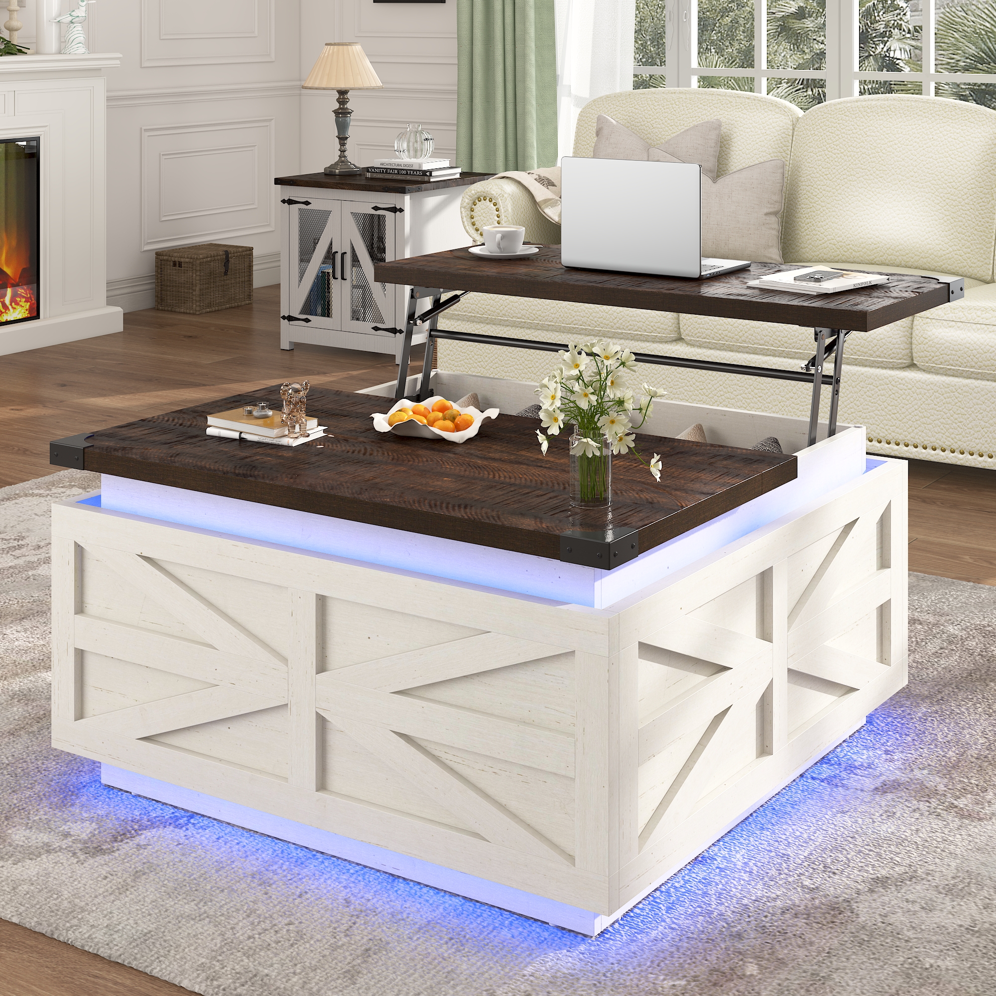Blotout Farmhouse Lift Top Coffee Table with Storage, 35.8'' Square Wood Center Table with LED Lights, Living Room Central Table with Large Hidden Space for Living Room, Bedroom Home, Office