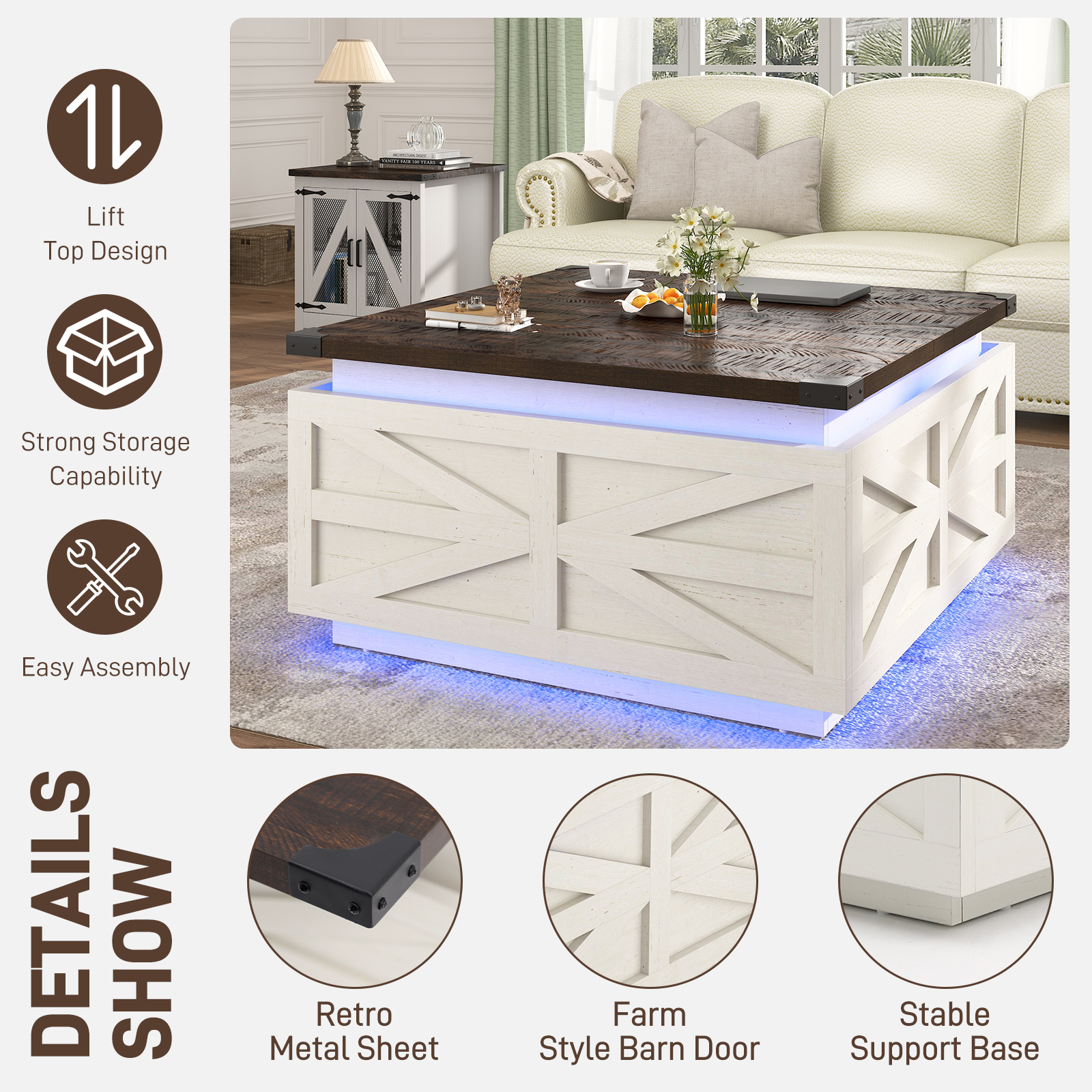 Blotout Farmhouse Lift Top Coffee Table with Storage, 35.8'' Square Wood Center Table with LED Lights, Living Room Central Table with Large Hidden Space for Living Room, Bedroom Home, Office