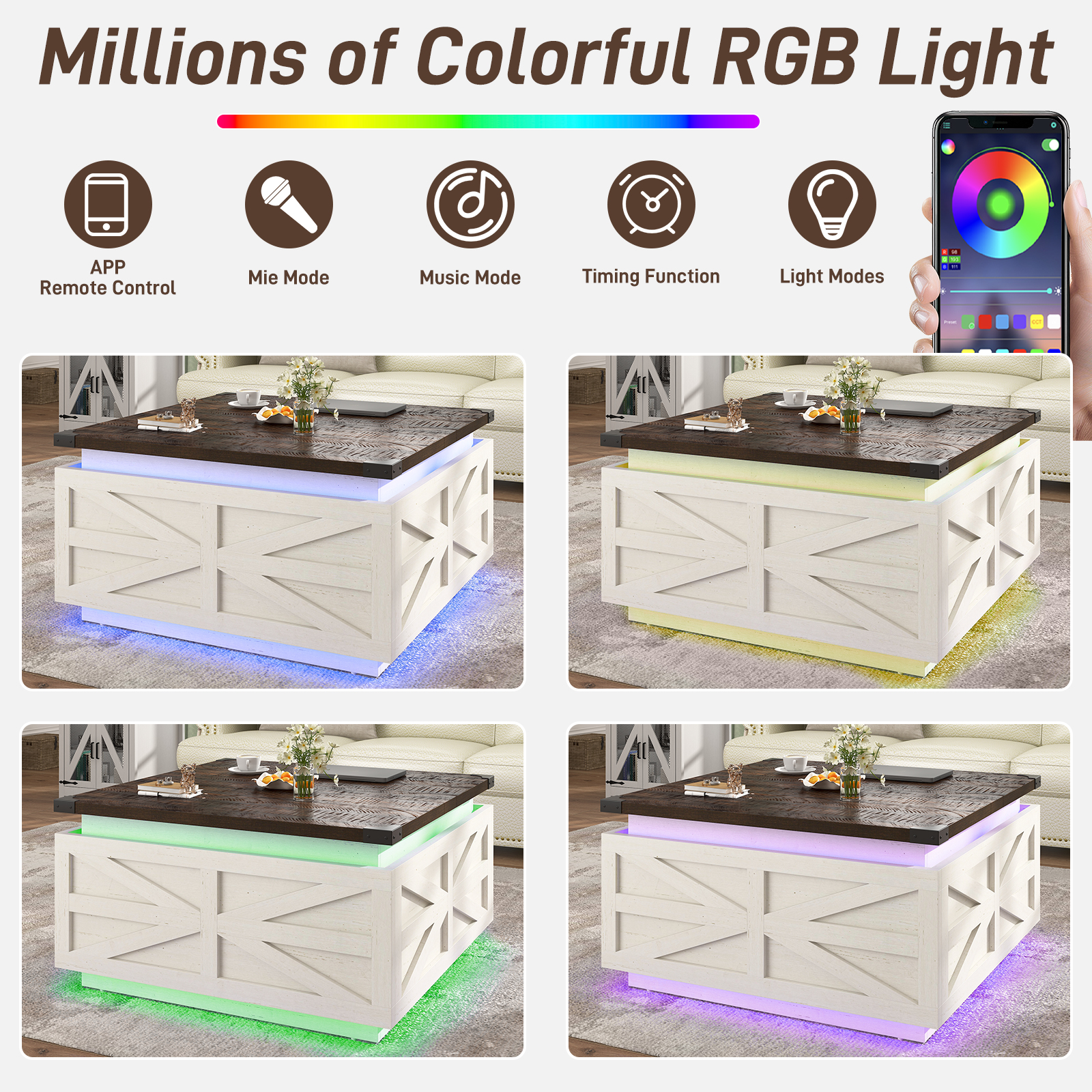 Blotout Farmhouse Lift Top Coffee Table with Storage, 35.8'' Square Wood Center Table with LED Lights, Living Room Central Table with Large Hidden Space for Living Room, Bedroom Home, Office