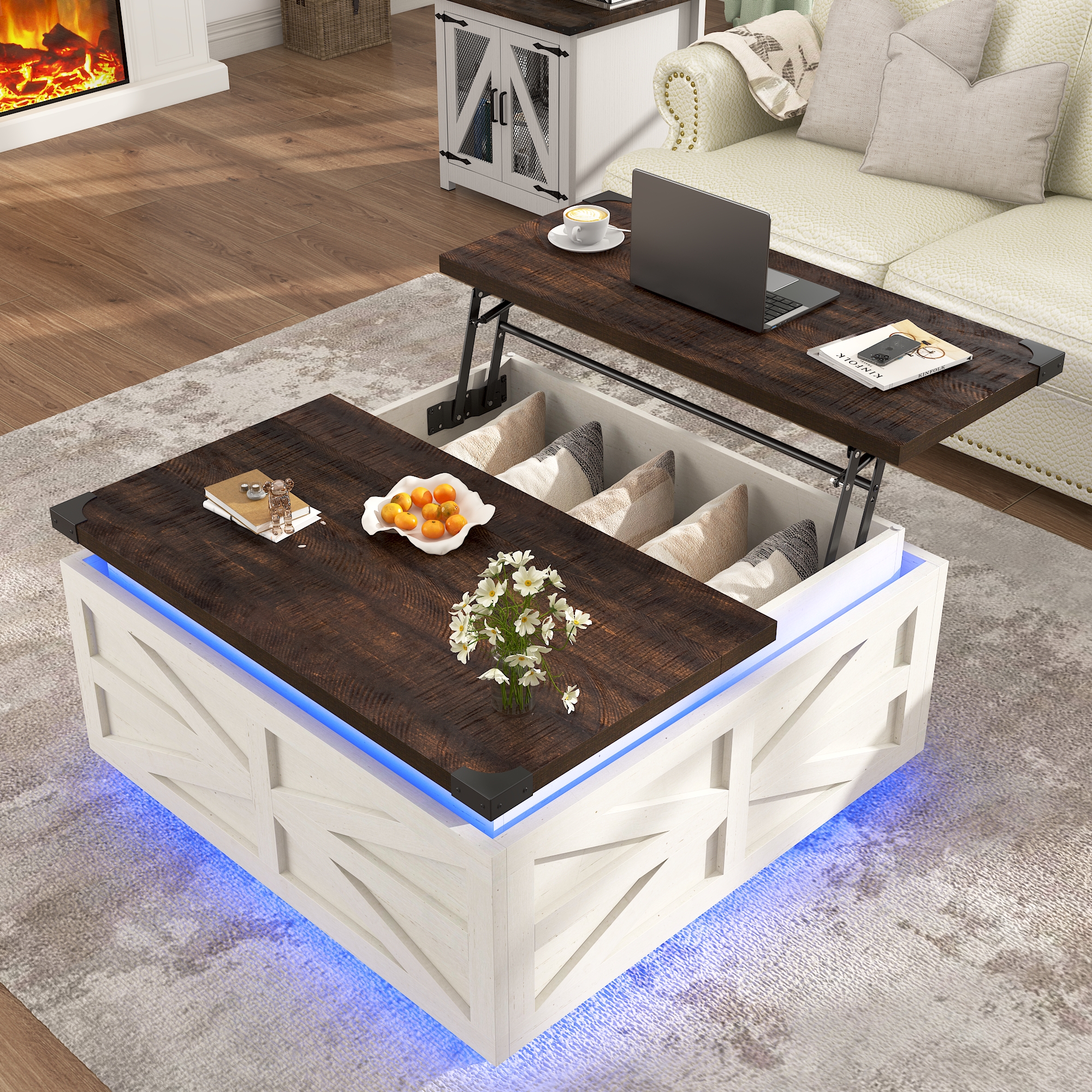 Blotout Farmhouse Lift Top Coffee Table with Storage, 35.8'' Square Wood Center Table with LED Lights, Living Room Central Table with Large Hidden Space for Living Room, Bedroom Home, Office