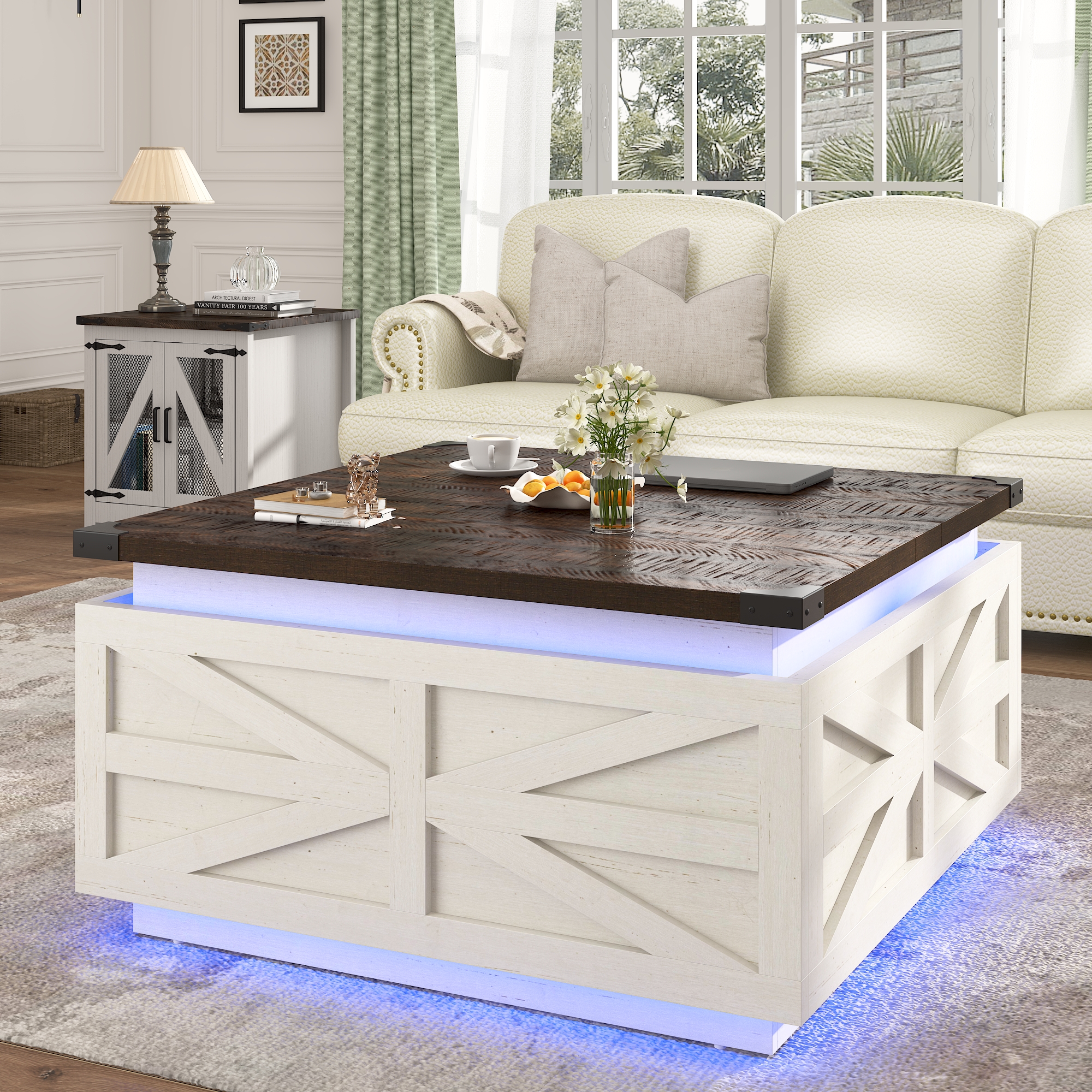 Blotout Farmhouse Lift Top Coffee Table with Storage, 35.8'' Square Wood Center Table with LED Lights, Living Room Central Table with Large Hidden Space for Living Room, Bedroom Home, Office