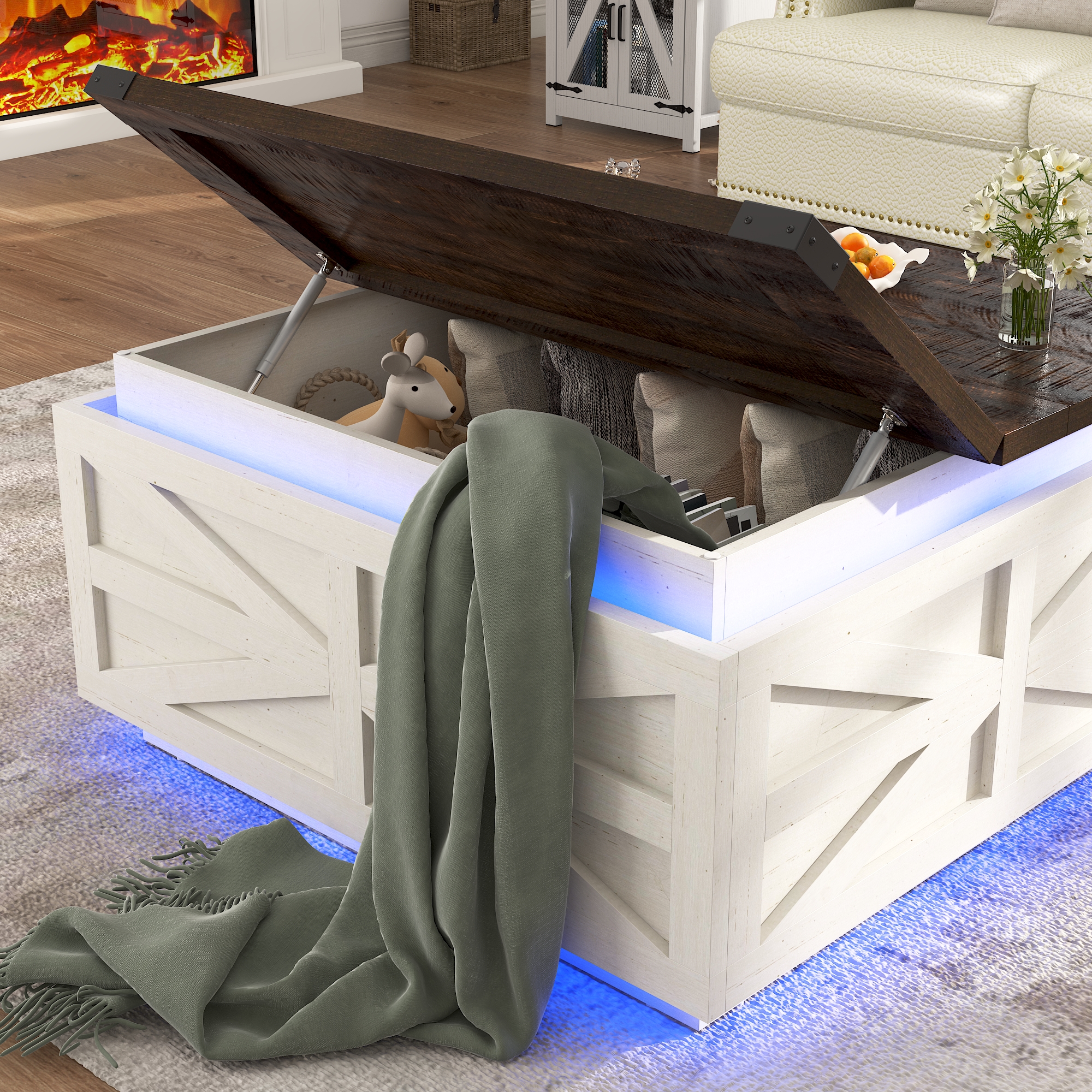 Blotout Farmhouse Lift Top Coffee Table with Storage, 35.8'' Square Wood Center Table with LED Lights, Living Room Central Table with Large Hidden Space for Living Room, Bedroom Home, Office