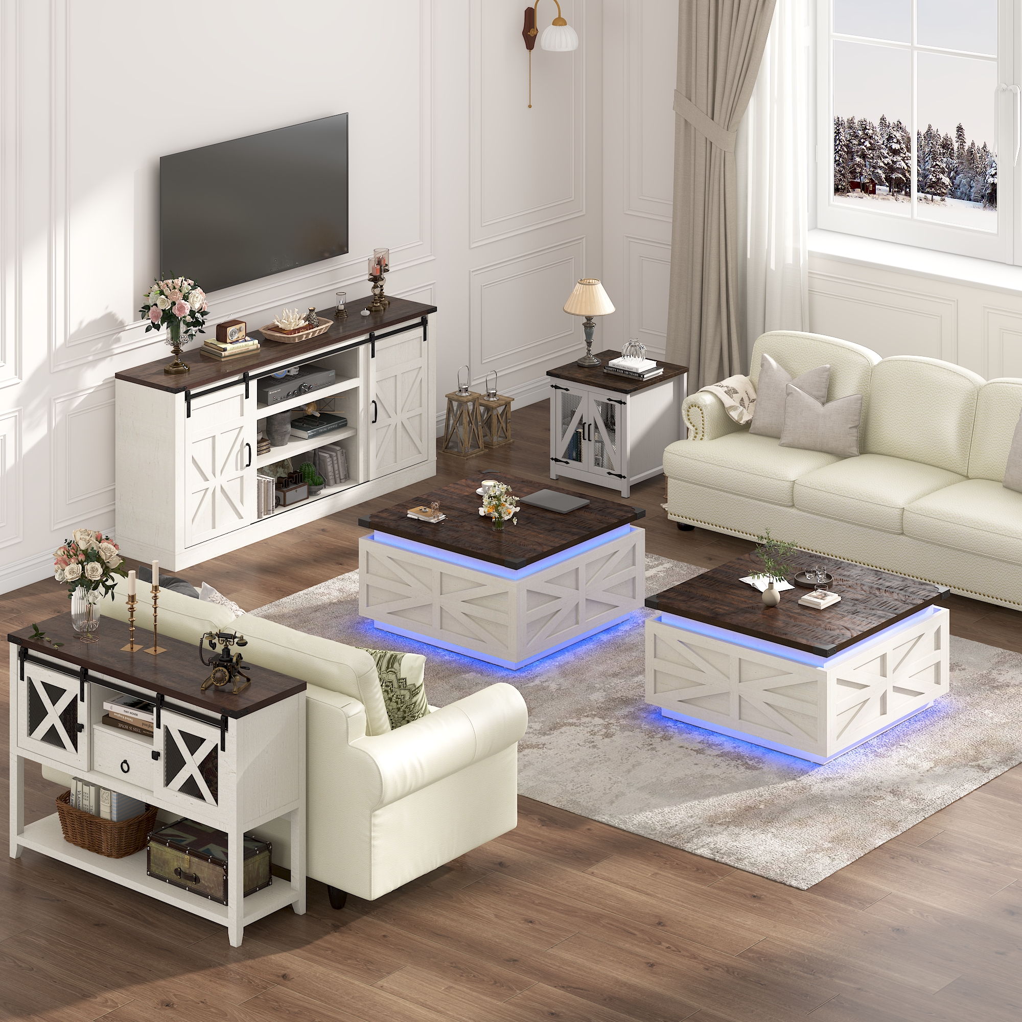 Blotout Farmhouse Lift Top Coffee Table with Storage, 35.8'' Square Wood Center Table with LED Lights, Living Room Central Table with Large Hidden Space for Living Room, Bedroom Home, Office