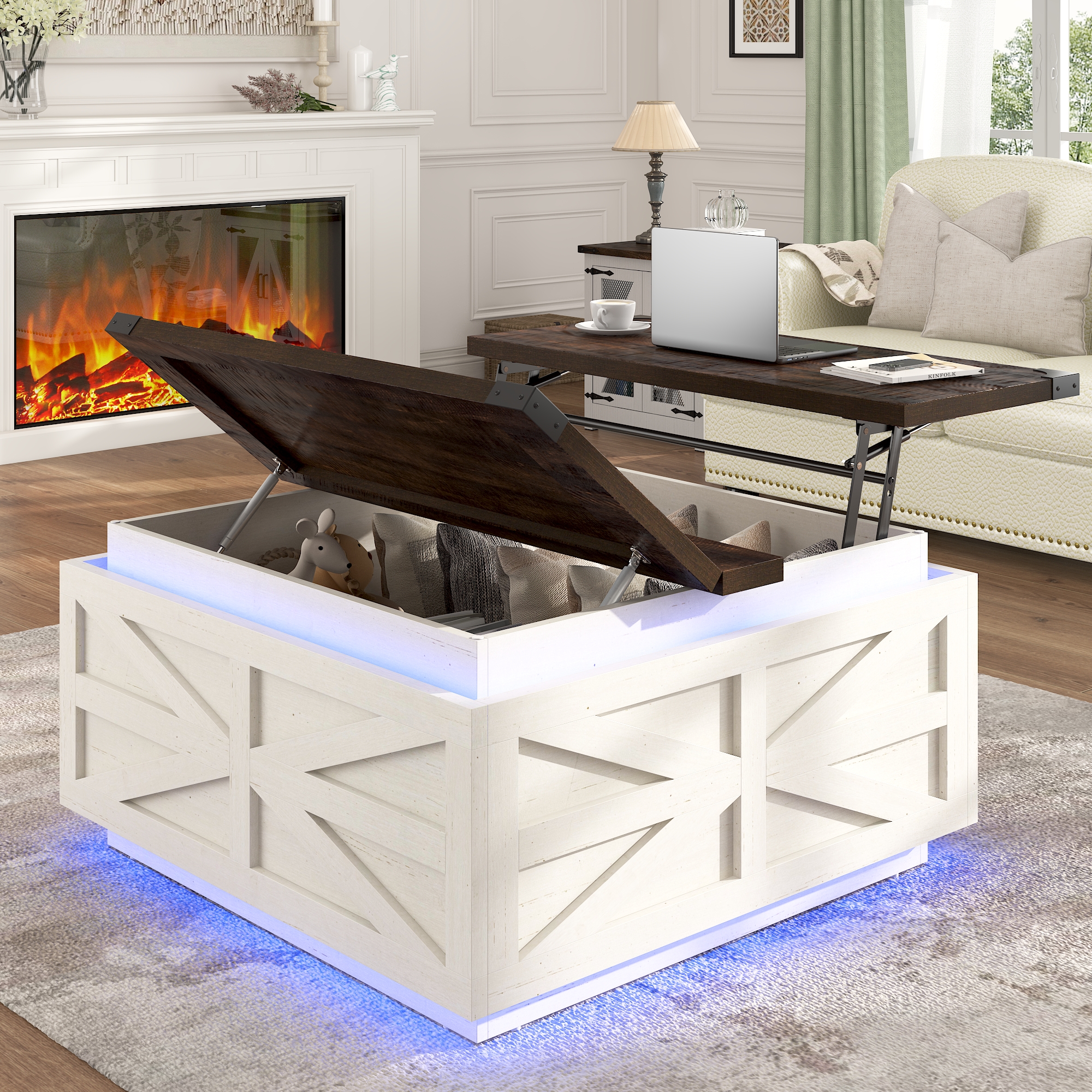 Blotout Farmhouse Lift Top Coffee Table with Storage, 35.8'' Square Wood Center Table with LED Lights, Living Room Central Table with Large Hidden Space for Living Room, Bedroom Home, Office