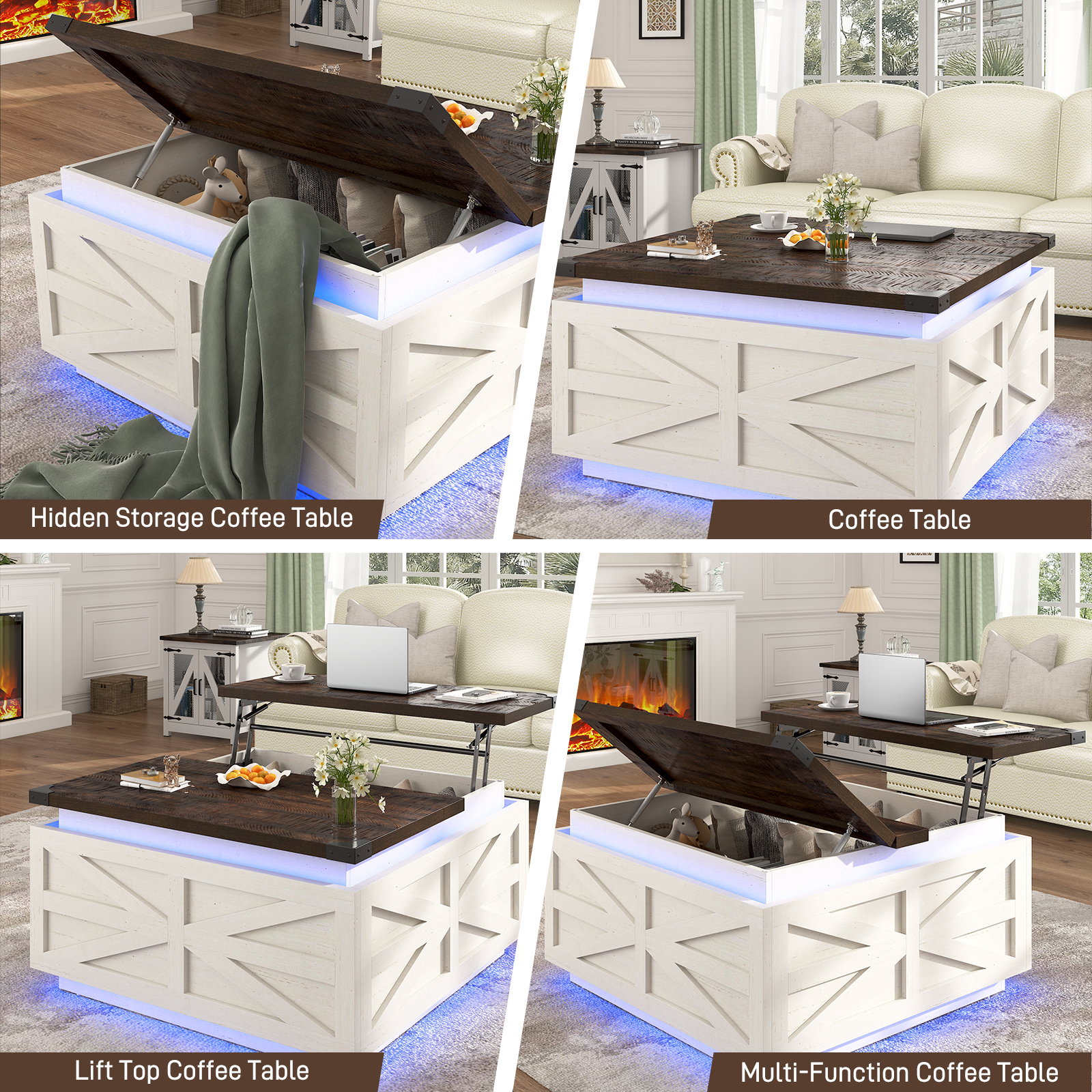 Blotout Farmhouse Lift Top Coffee Table with Storage, 35.8'' Square Wood Center Table with LED Lights, Living Room Central Table with Large Hidden Space for Living Room, Bedroom Home, Office