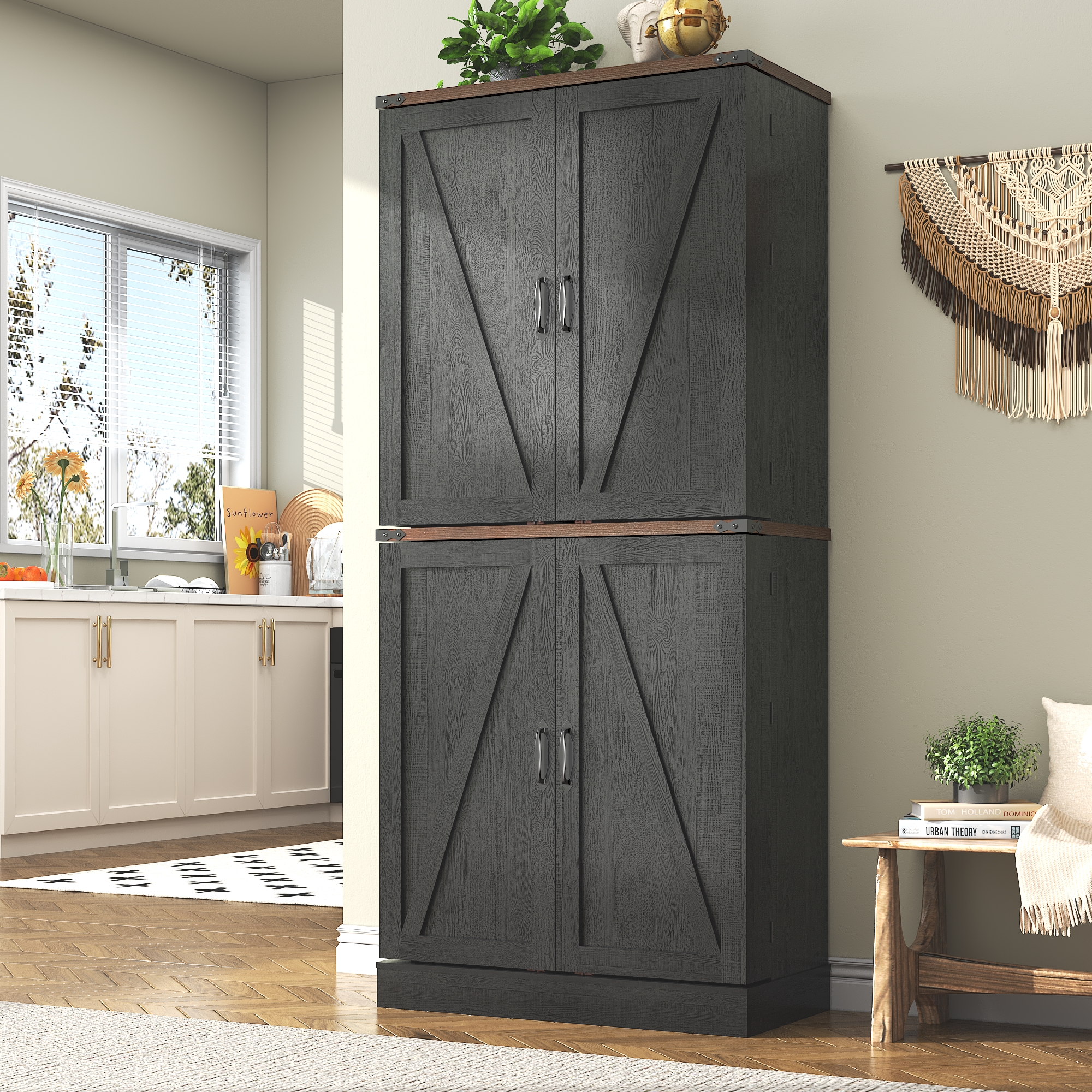 71" Tall Farmhouse Kitchen Pantry with 12 Side Shelves, 5 Layers Pantry Storage Cabinet w/Load-Bearing Steel Pipe & 4 Barn Doors/Adjustable Shelves for Kitchen, Dining Room, Living Room, Brown