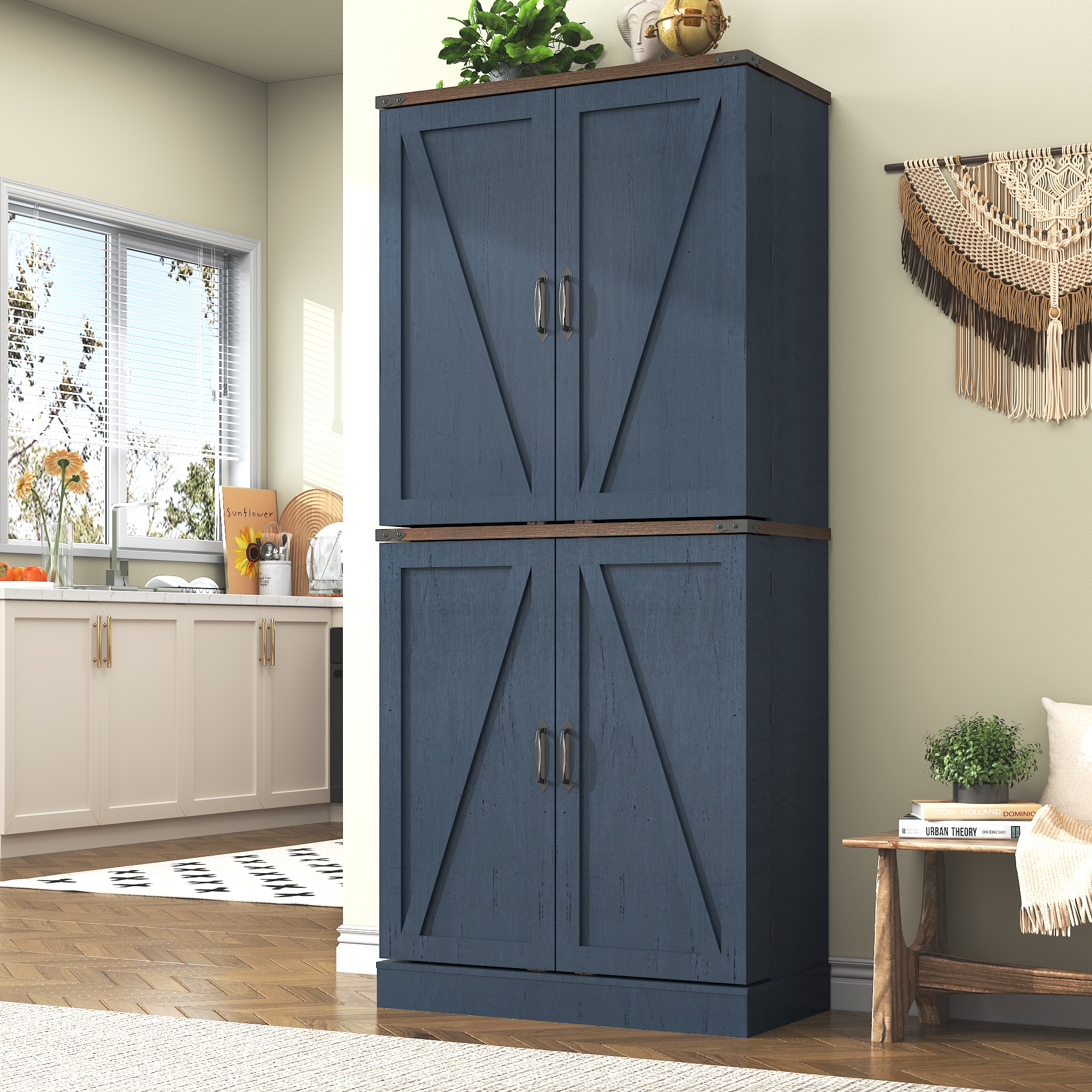 71" Tall Farmhouse Kitchen Pantry with 12 Side Shelves, 5 Layers Pantry Storage Cabinet w/Load-Bearing Steel Pipe & 4 Barn Doors/Adjustable Shelves for Kitchen, Dining Room, Living Room, Brown