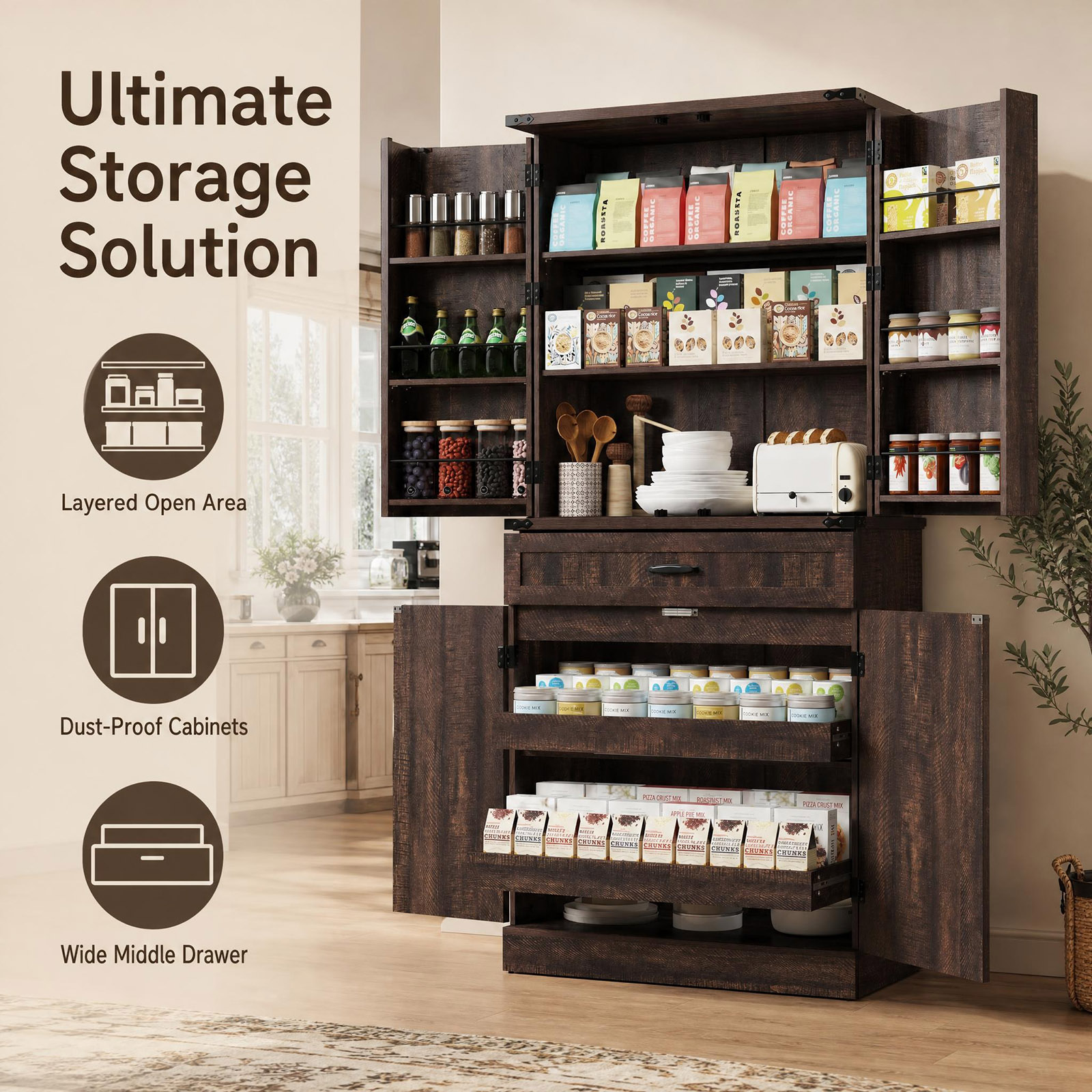 71" Tall Farmhouse Kitchen Pantry Cabinet
