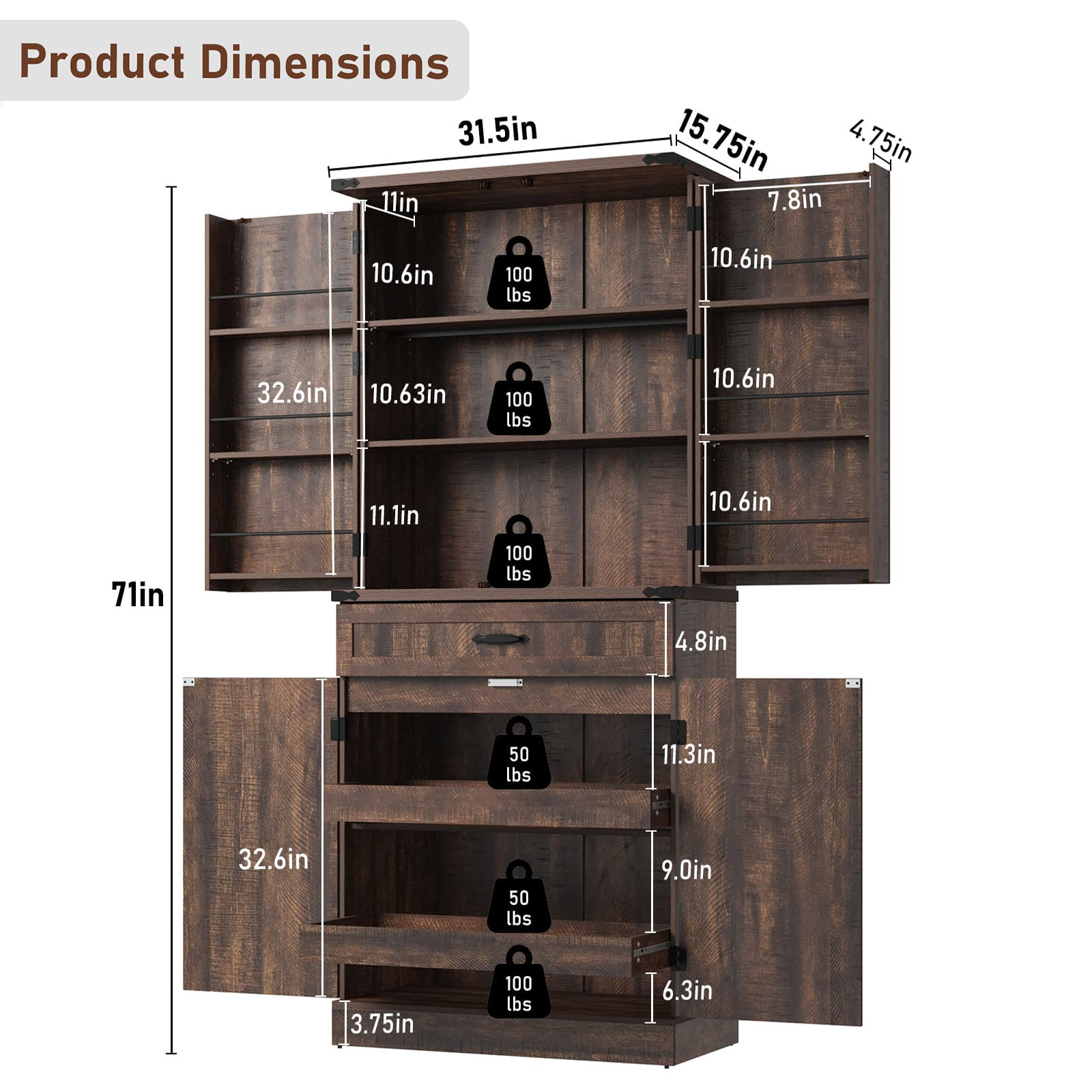 71" Tall Farmhouse Kitchen Pantry Cabinet