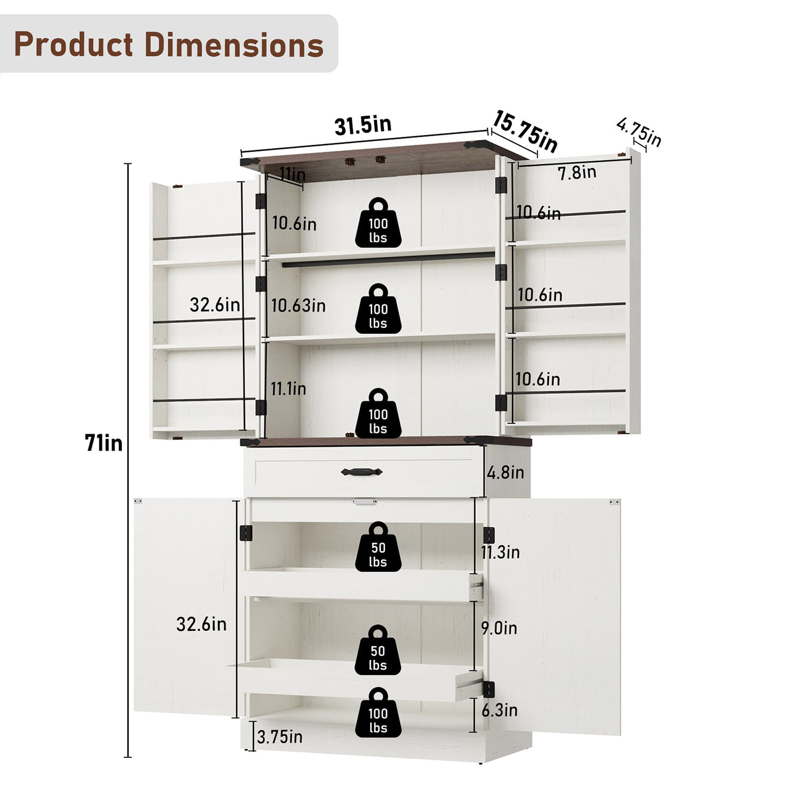 71" Tall Farmhouse Kitchen Pantry Cabinet