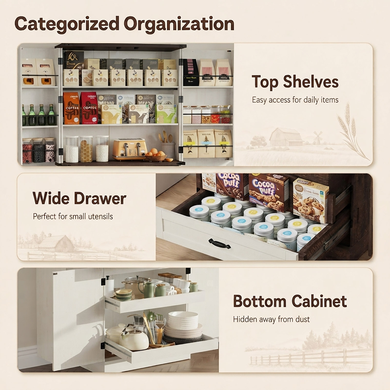 71" Tall Farmhouse Kitchen Pantry Cabinet