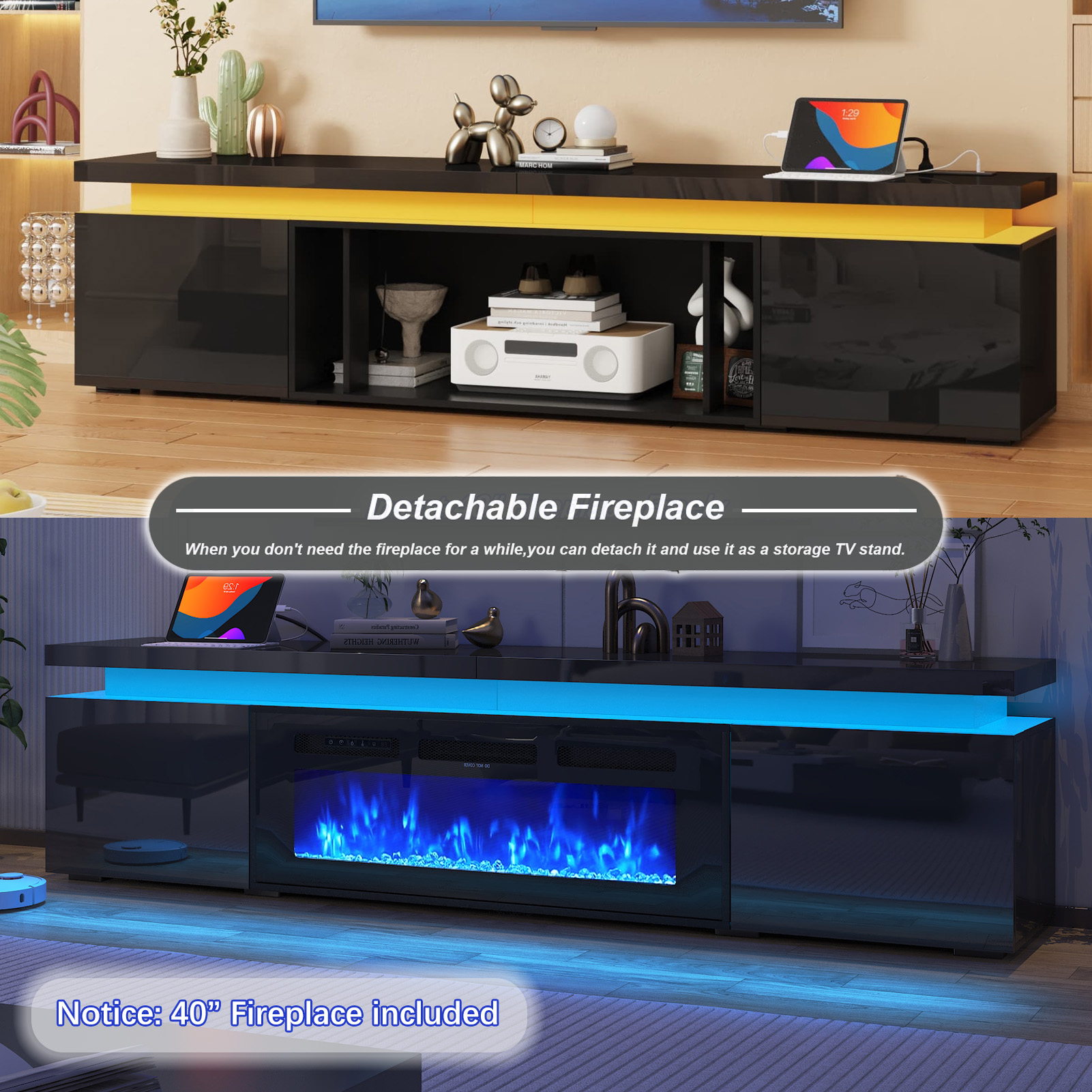 LED TV Stand with 40" Fireplace for Modern Living Room FOR 75"-90" TVs