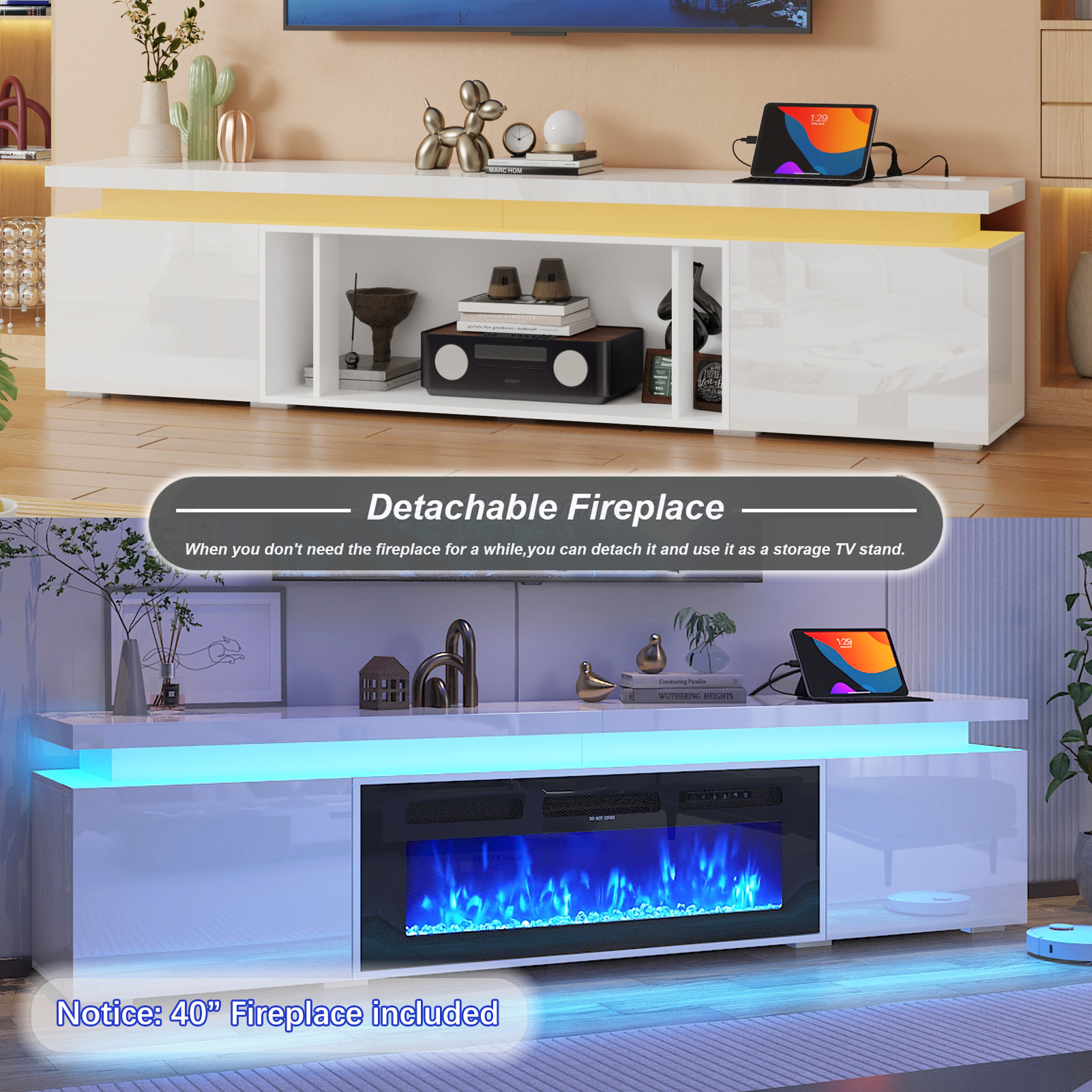 LED TV Stand with 40" Fireplace for Modern Living Room FOR 75"-90" TVs