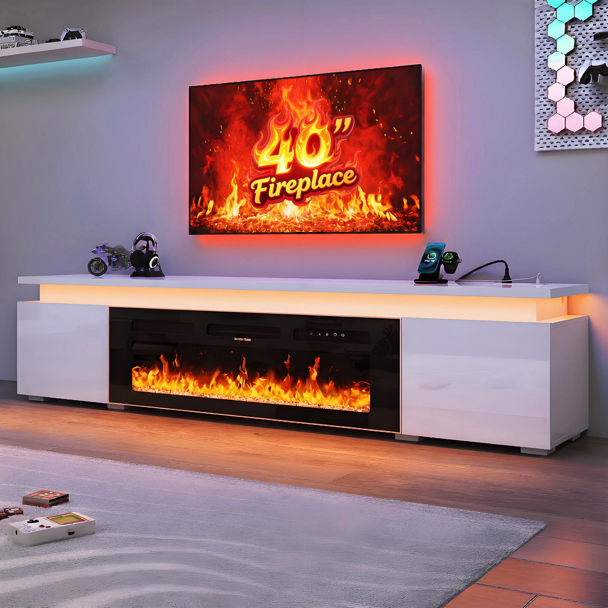 LED TV Stand with 40" Fireplace for Modern Living Room FOR 75"-90" TVs