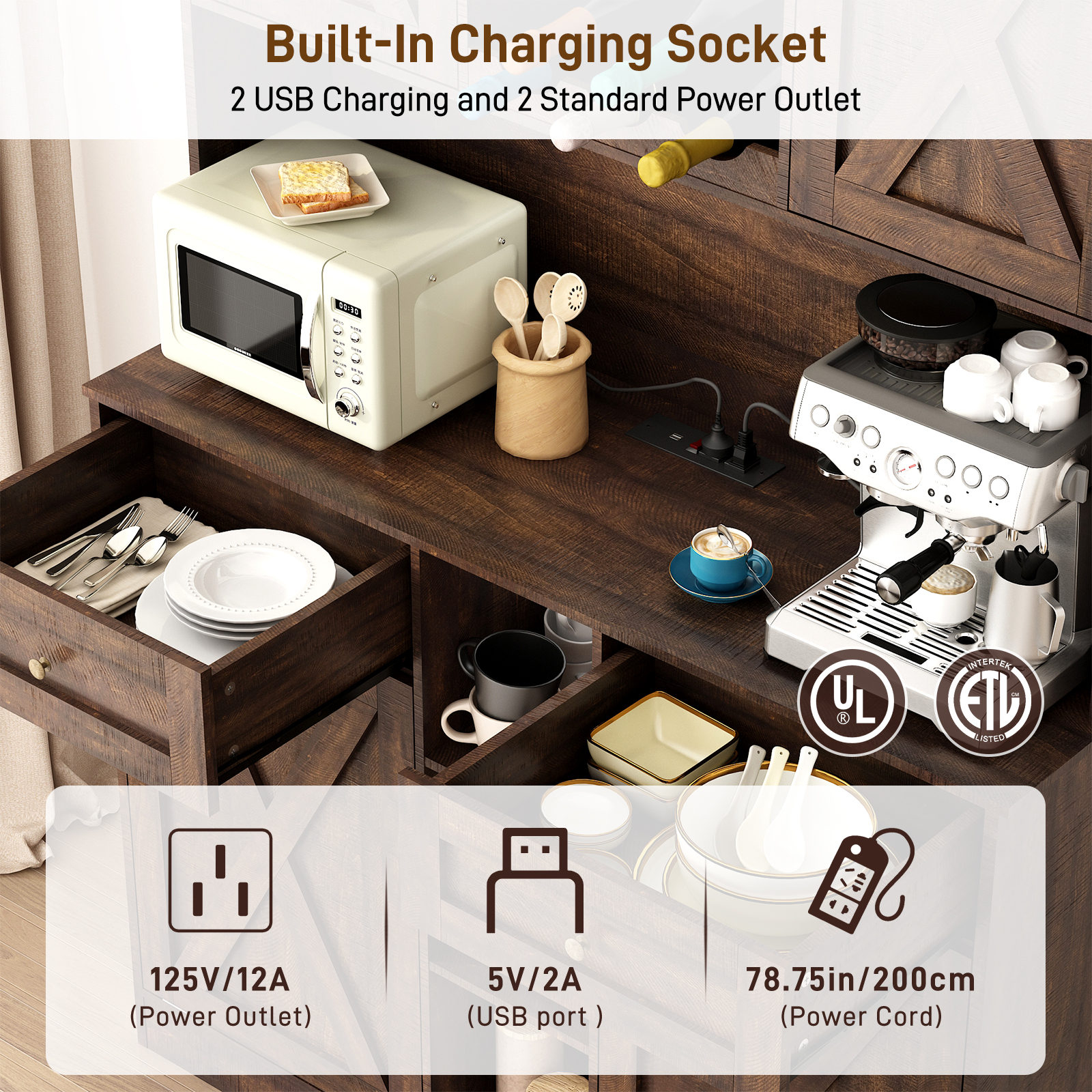 Blotout 47" Wide Kitchen Pantry Storage Cabinet with Charging Station & Microwave Stand, Tall Farmhouse Kitchen Hutch Cabinet, Double Tilt Out Trash Can Cabinet 10X2 Gallon