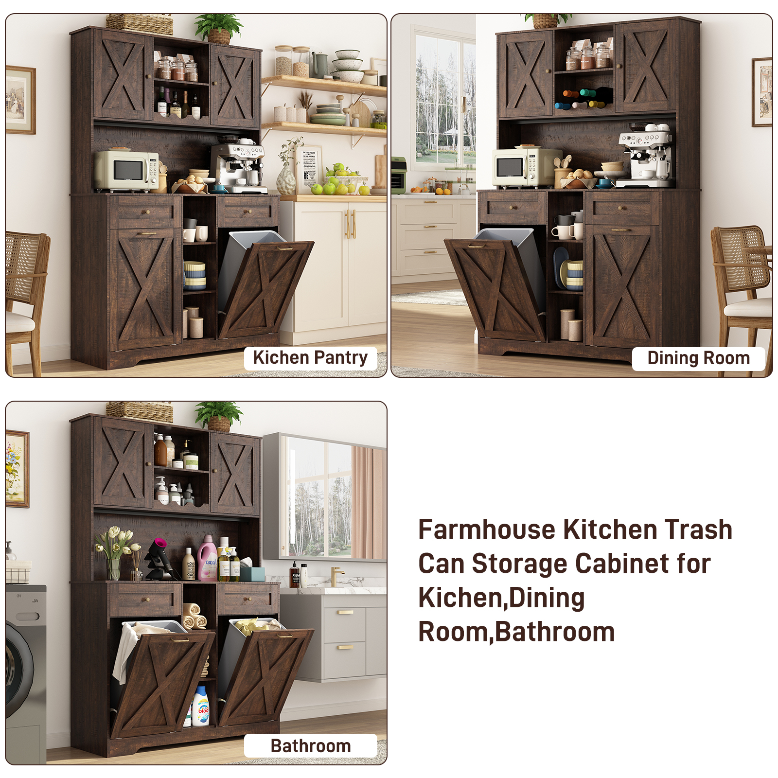 Blotout 47" Wide Kitchen Pantry Storage Cabinet with Charging Station & Microwave Stand, Tall Farmhouse Kitchen Hutch Cabinet, Double Tilt Out Trash Can Cabinet 10X2 Gallon