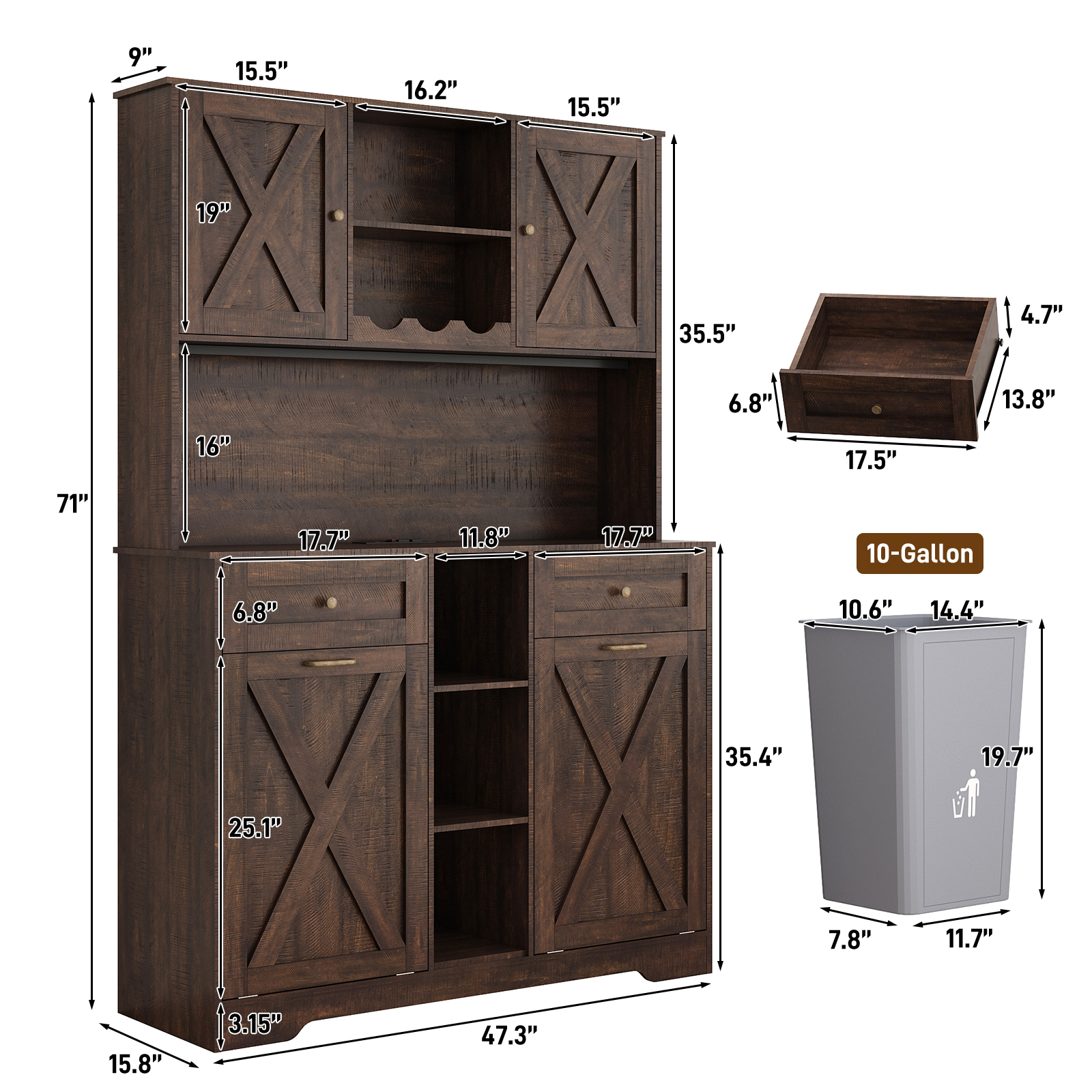 Blotout 47" Wide Kitchen Pantry Storage Cabinet with Charging Station & Microwave Stand, Tall Farmhouse Kitchen Hutch Cabinet, Double Tilt Out Trash Can Cabinet 10X2 Gallon