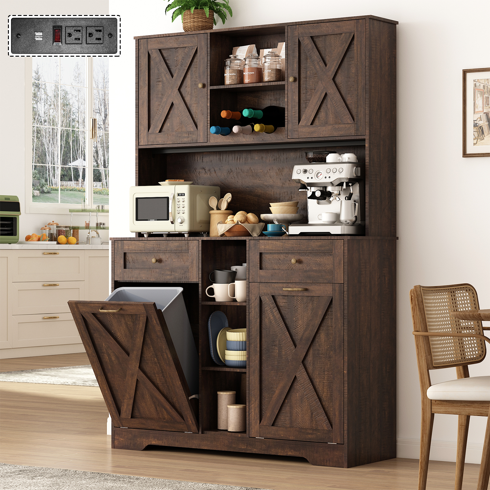 Blotout 47" Wide Kitchen Pantry Storage Cabinet with Charging Station & Microwave Stand, Tall Farmhouse Kitchen Hutch Cabinet, Double Tilt Out Trash Can Cabinet 10X2 Gallon