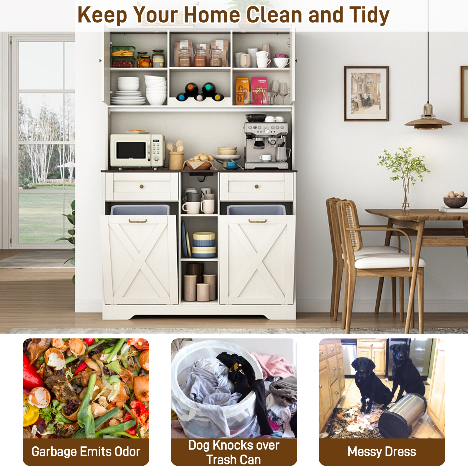 Blotout 47" Wide Kitchen Pantry Storage Cabinet with Charging Station & Microwave Stand, Tall Farmhouse Kitchen Hutch Cabinet, Double Tilt Out Trash Can Cabinet 10X2 Gallon