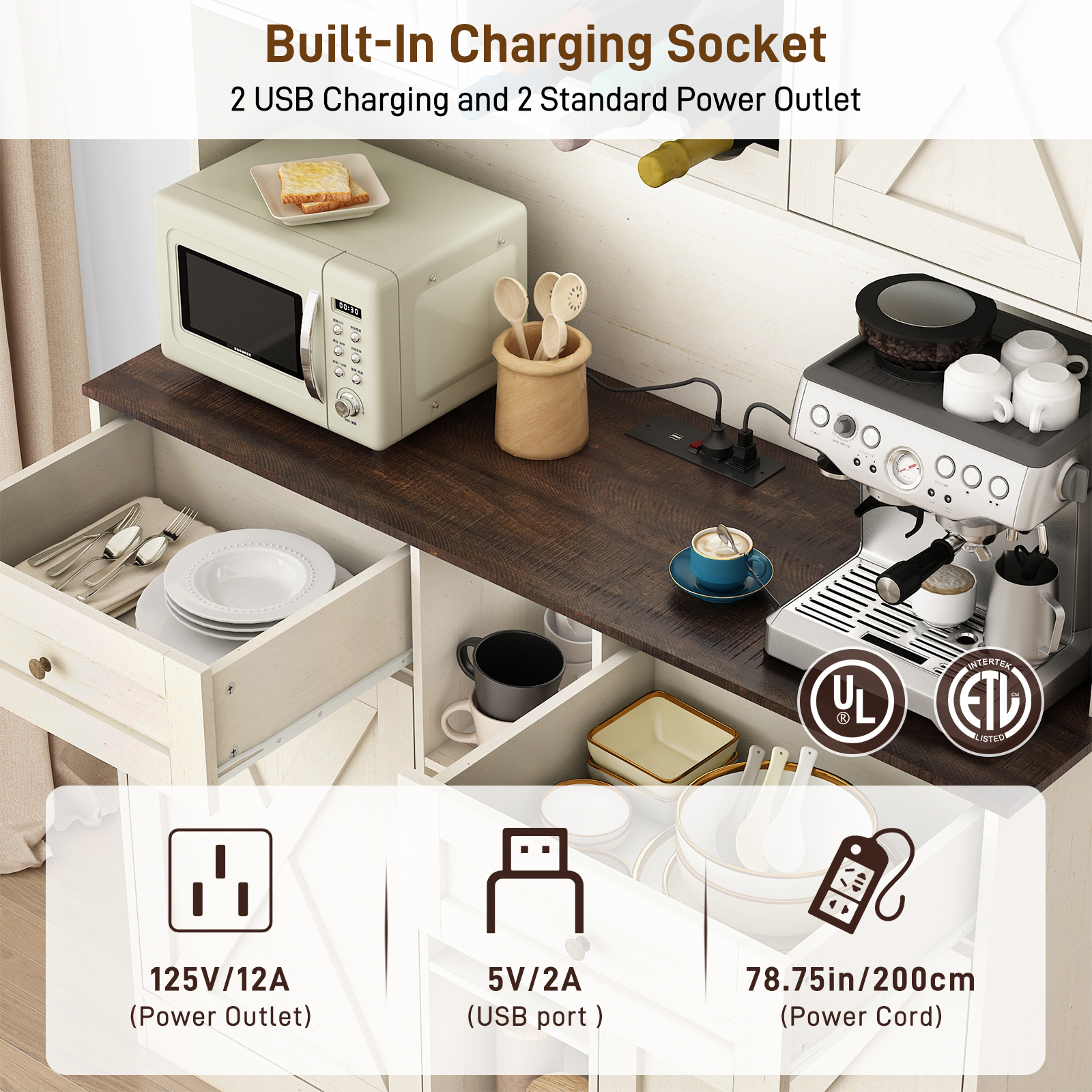 Blotout 47" Wide Kitchen Pantry Storage Cabinet with Charging Station & Microwave Stand, Tall Farmhouse Kitchen Hutch Cabinet, Double Tilt Out Trash Can Cabinet 10X2 Gallon