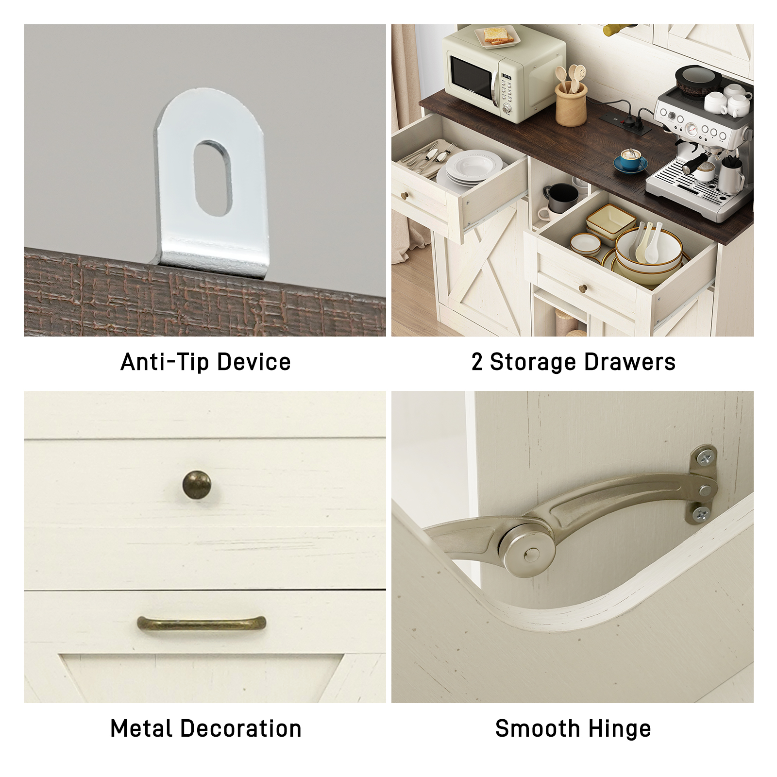 Blotout 47" Wide Kitchen Pantry Storage Cabinet with Charging Station & Microwave Stand, Tall Farmhouse Kitchen Hutch Cabinet, Double Tilt Out Trash Can Cabinet 10X2 Gallon