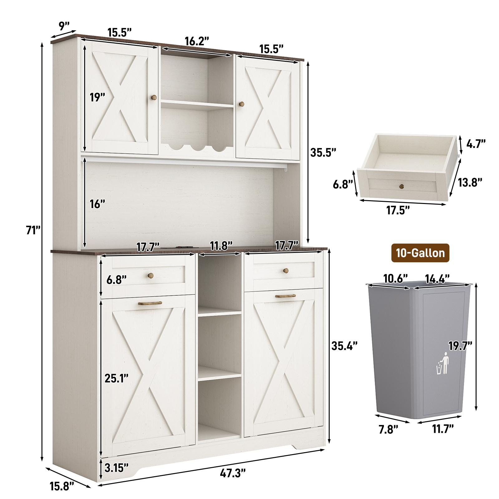 Blotout 47" Wide Kitchen Pantry Storage Cabinet with Charging Station & Microwave Stand, Tall Farmhouse Kitchen Hutch Cabinet, Double Tilt Out Trash Can Cabinet 10X2 Gallon