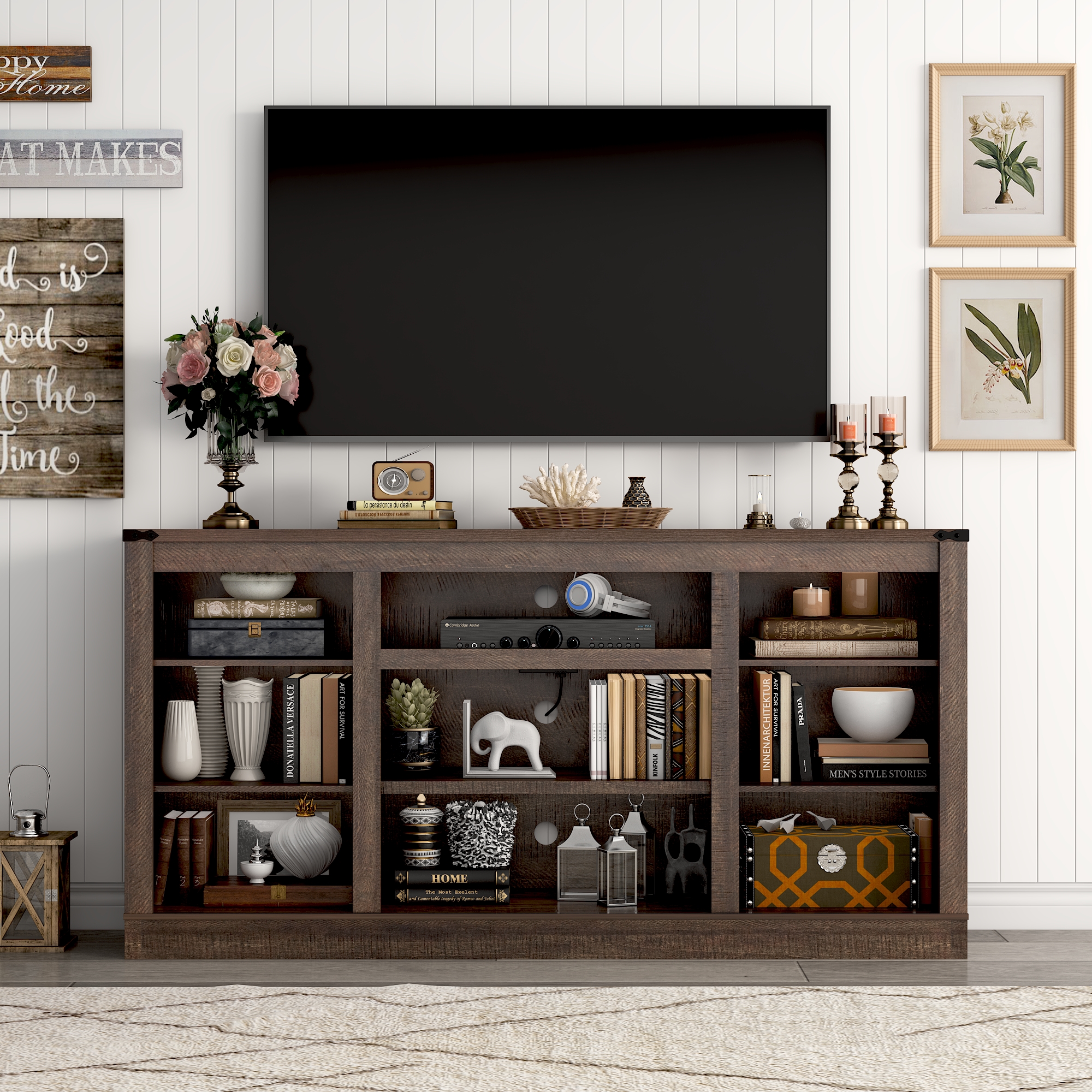ANPOO 66" TV Stand with Power Outlets for TVs up to 75", 33" Tall Farmhouse Entertainment Center with Sliding Barn Doors & Adjustable Shelves, Rustic Wood TV Media Console for Living Room