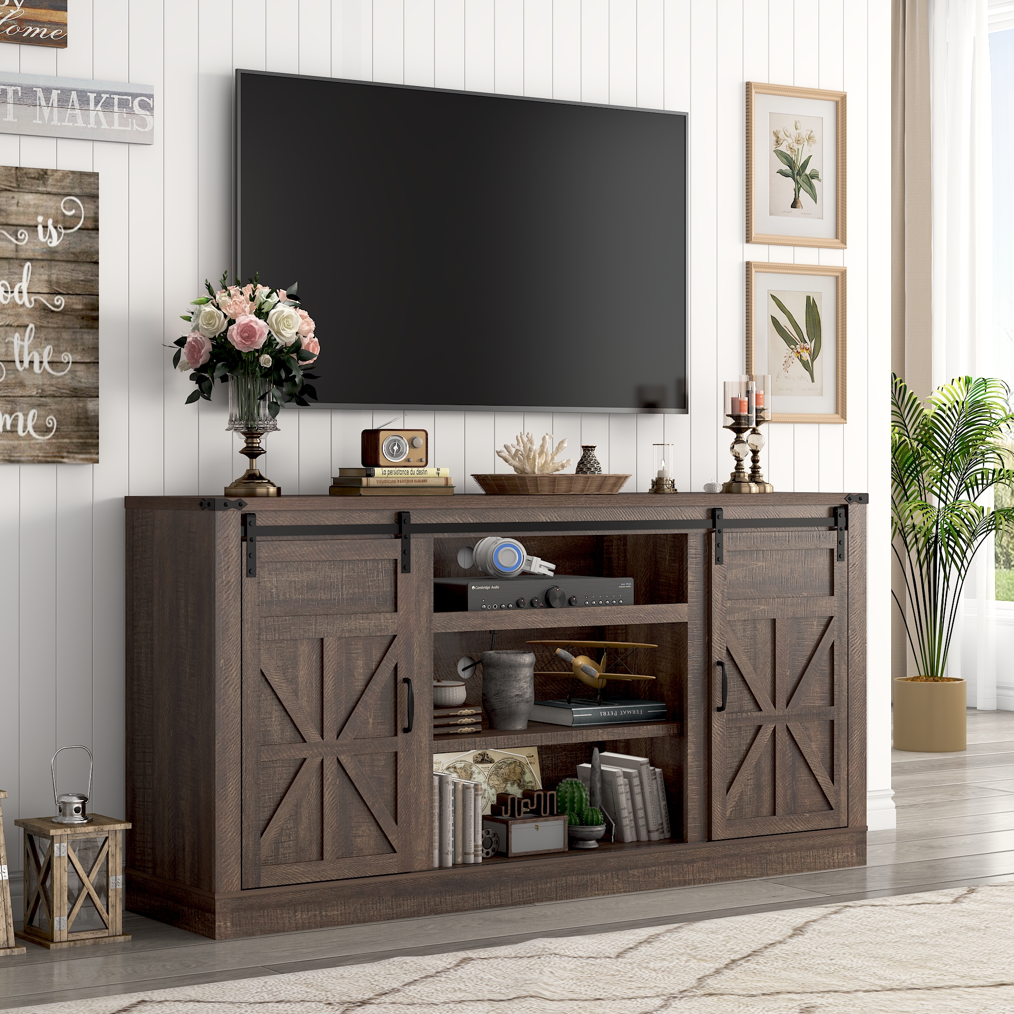 ANPOO 66" TV Stand with Power Outlets for TVs up to 75", 33" Tall Farmhouse Entertainment Center with Sliding Barn Doors & Adjustable Shelves, Rustic Wood TV Media Console for Living Room