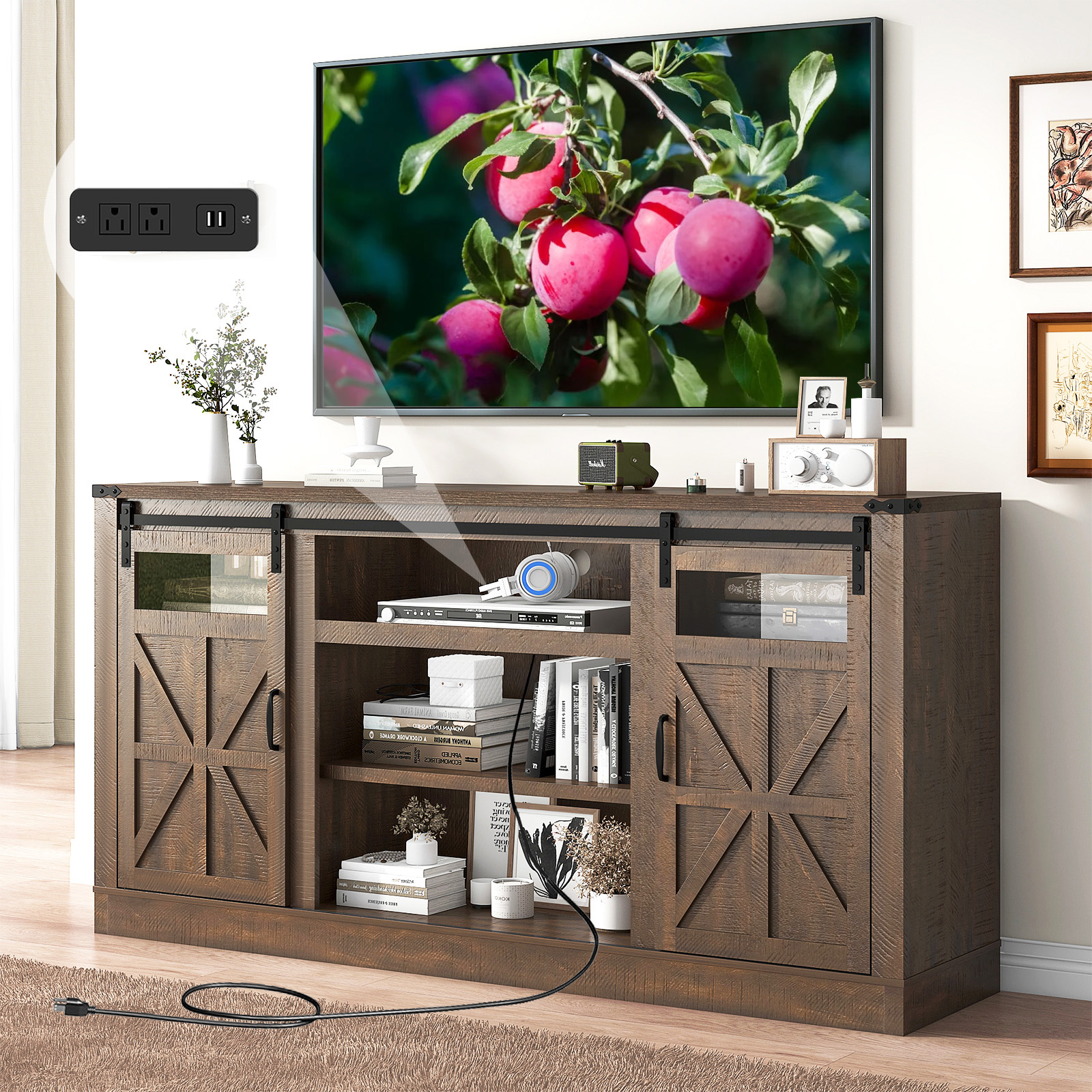 Farmhouse Barn Door TV Stand for up 75" TVs w/ Outlets & USB, 33.5" Tall Entertainment Center Media Console Cabinet w/ Transparent Glass