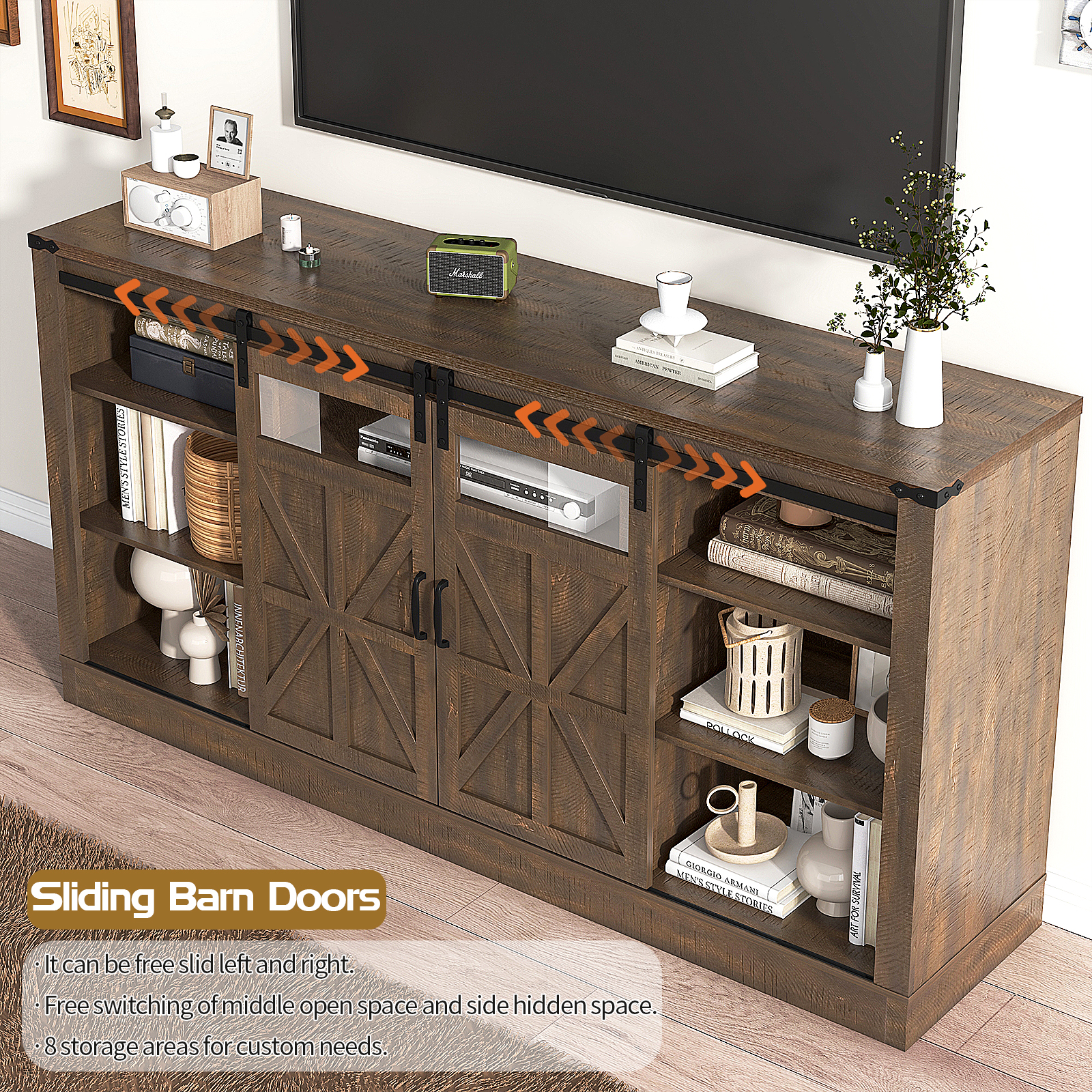 Farmhouse Barn Door TV Stand for up 75" TVs w/ Outlets & USB, 33.5" Tall Entertainment Center Media Console Cabinet w/ Transparent Glass