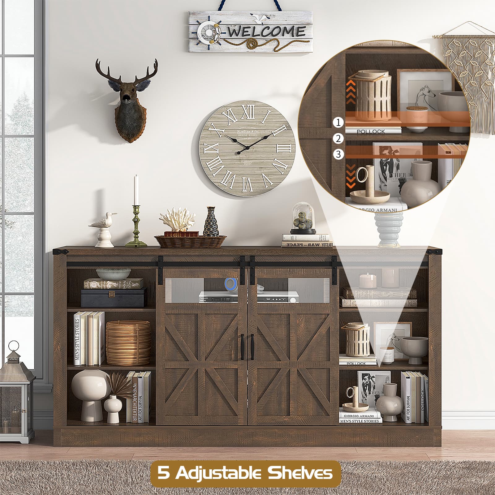 Farmhouse Barn Door TV Stand for up 75" TVs w/ Outlets & USB