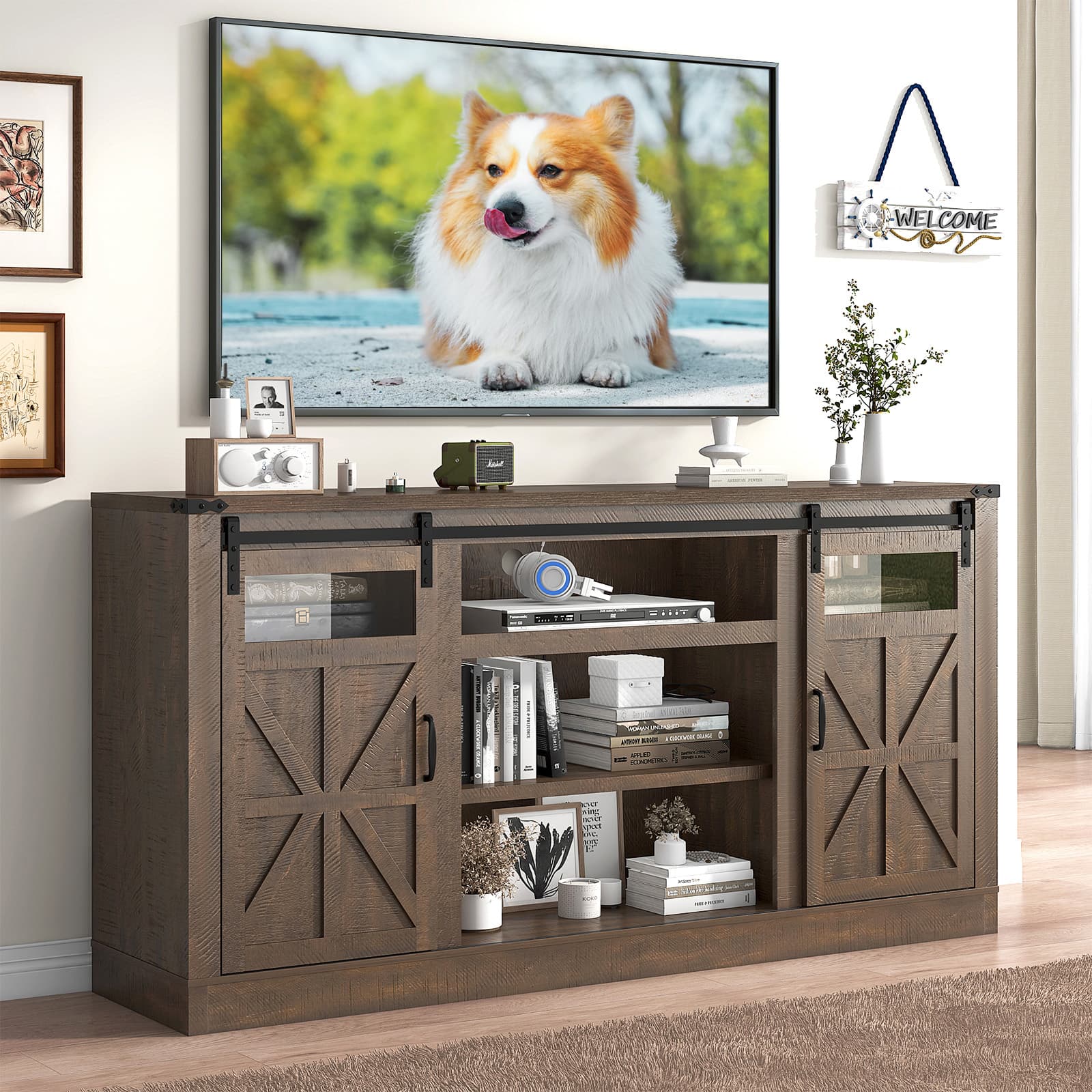 Farmhouse Barn Door TV Stand for up 75" TVs w/ Outlets & USB