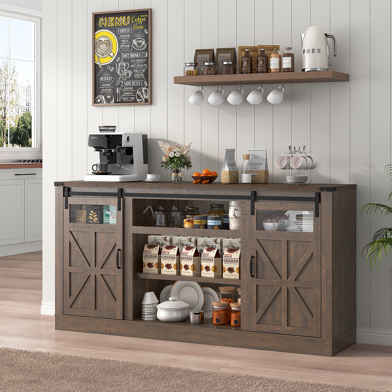 Farmhouse Barn Door TV Stand for up 75" TVs w/ Outlets & USB, 33.5" Tall Entertainment Center Media Console Cabinet w/ Transparent Glass