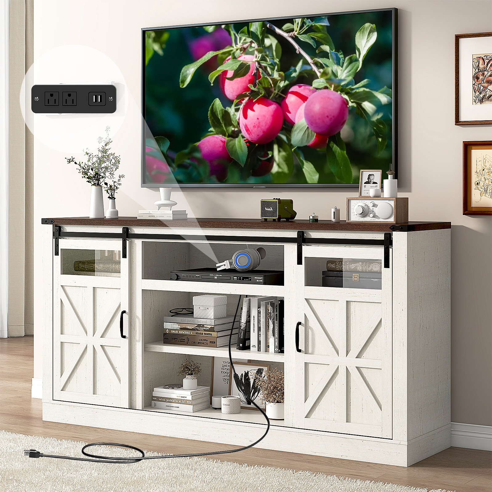 Farmhouse Barn Door TV Stand for up 75" TVs w/ Outlets & USB, 33.5" Tall Entertainment Center Media Console Cabinet w/ Transparent Glass