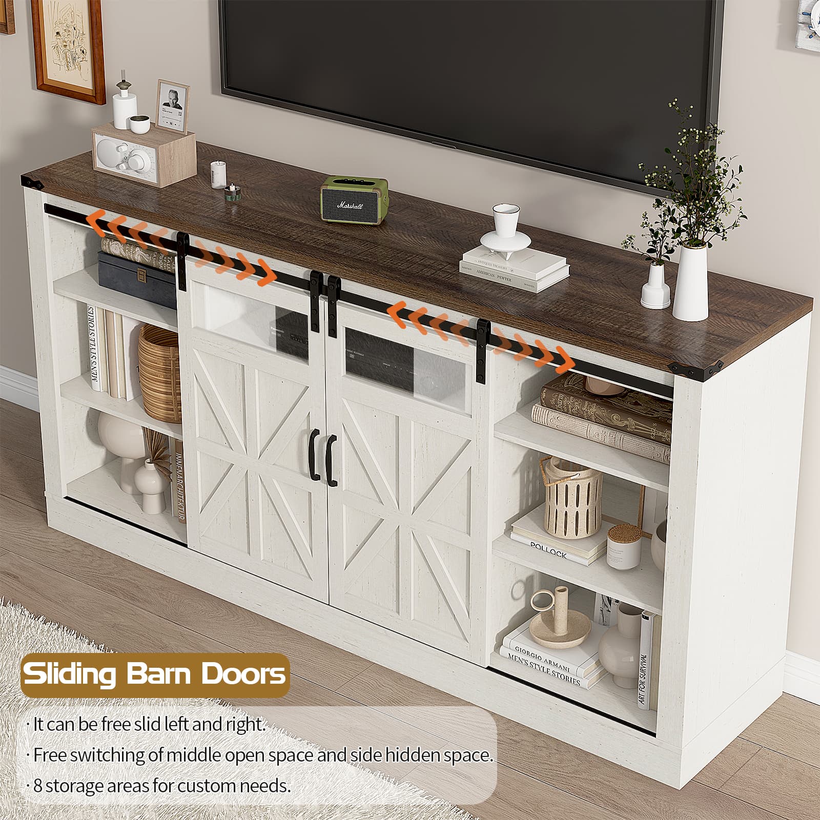 Farmhouse Barn Door TV Stand for up 75" TVs w/ Outlets & USB