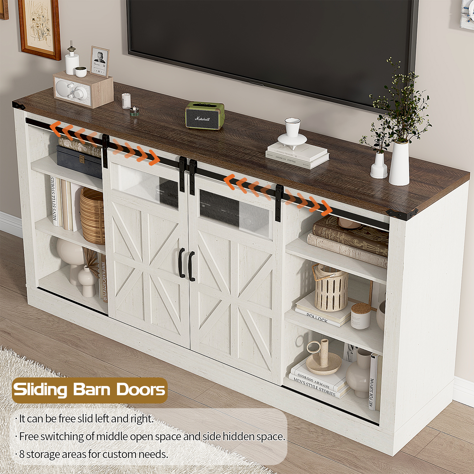 Farmhouse Barn Door TV Stand for up 75" TVs w/ Outlets & USB, 33.5" Tall Entertainment Center Media Console Cabinet w/ Transparent Glass