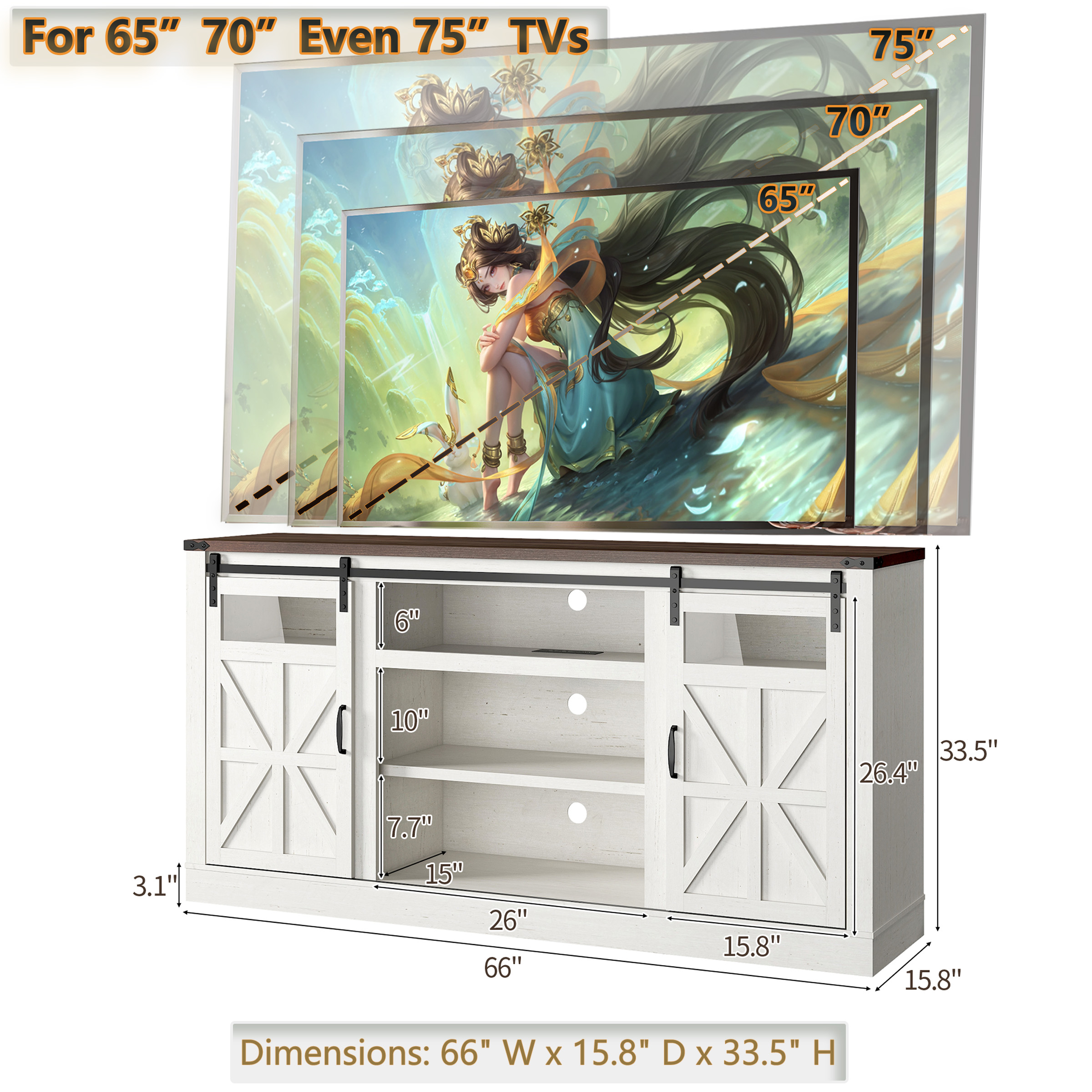 Farmhouse Barn Door TV Stand for up 75" TVs w/ Outlets & USB, 33.5" Tall Entertainment Center Media Console Cabinet w/ Transparent Glass