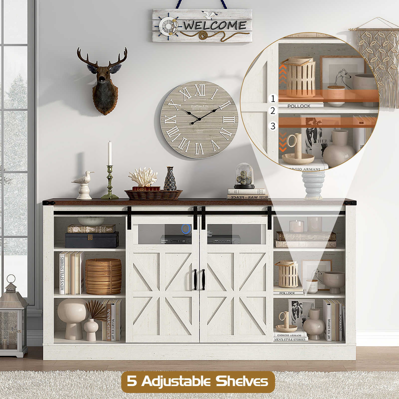 Farmhouse Barn Door TV Stand for up 75" TVs w/ Outlets & USB, 33.5" Tall Entertainment Center Media Console Cabinet w/ Transparent Glass