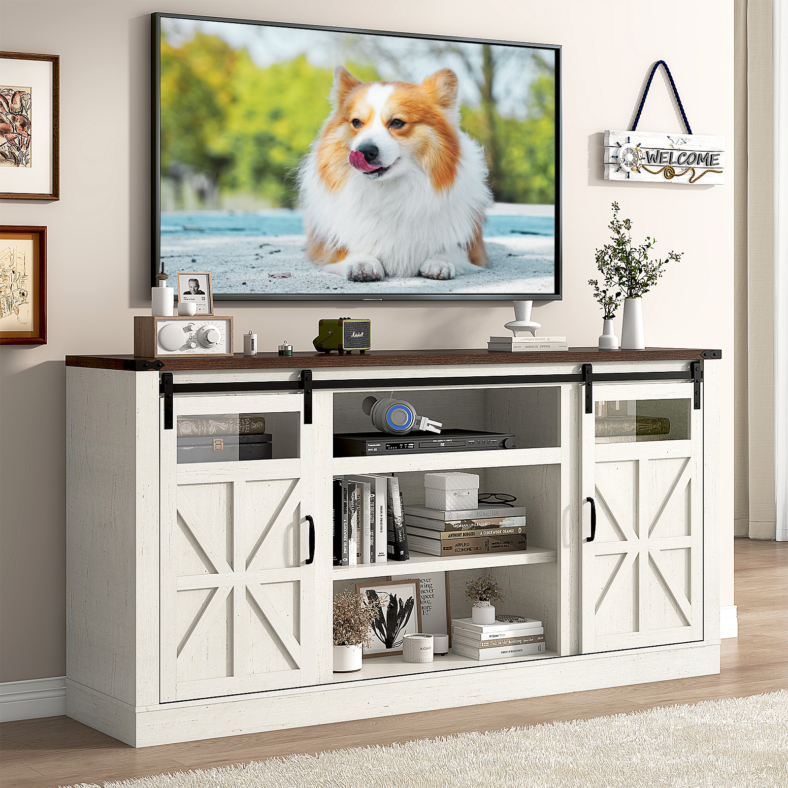 Farmhouse Barn Door TV Stand for up 75" TVs w/ Outlets & USB, 33.5" Tall Entertainment Center Media Console Cabinet w/ Transparent Glass